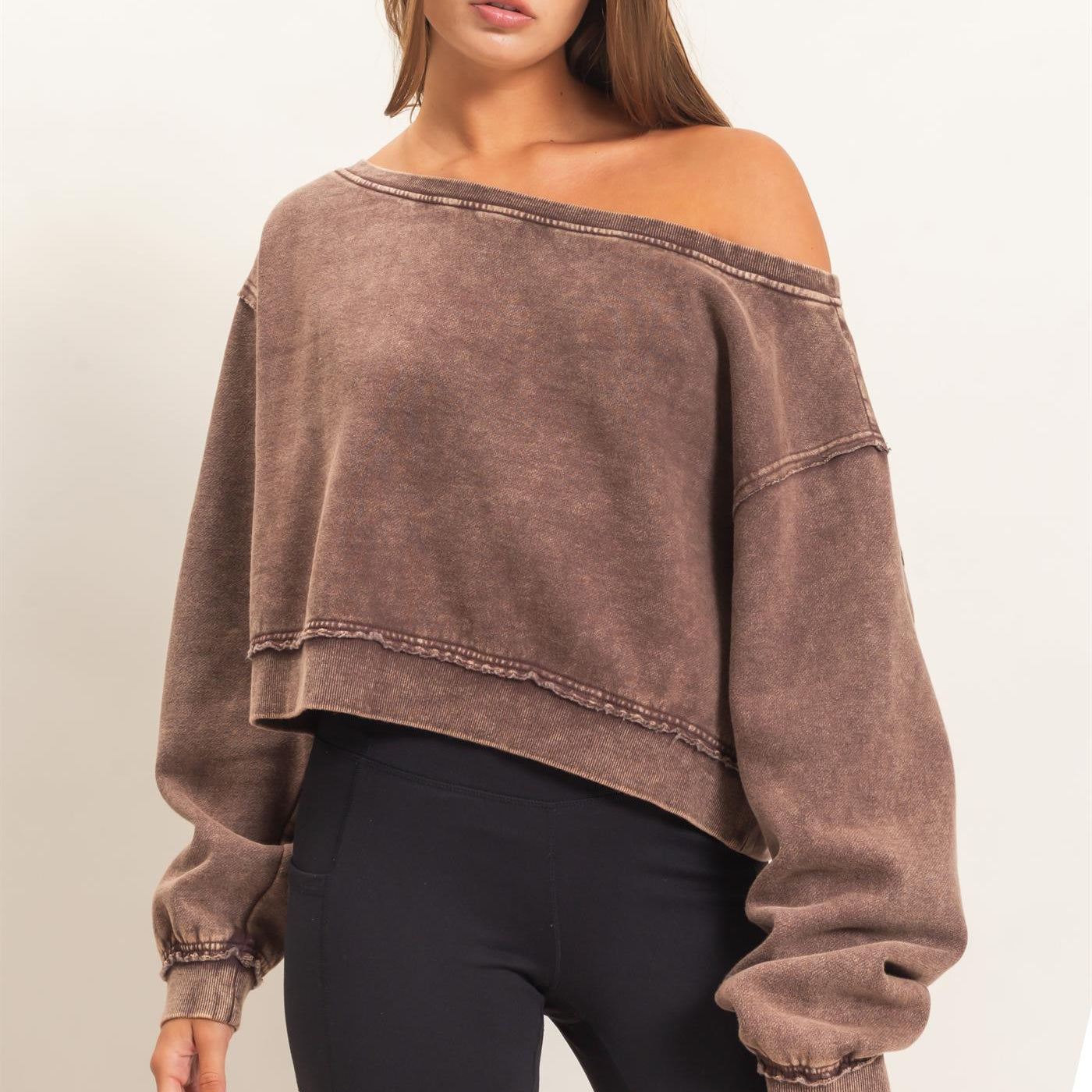 Wholesale Raw Edge Acid Wash Off The Shoulder Sweatshirt Sweatshirts DZ26F013 DARK BROWN DOUBLE ZERO