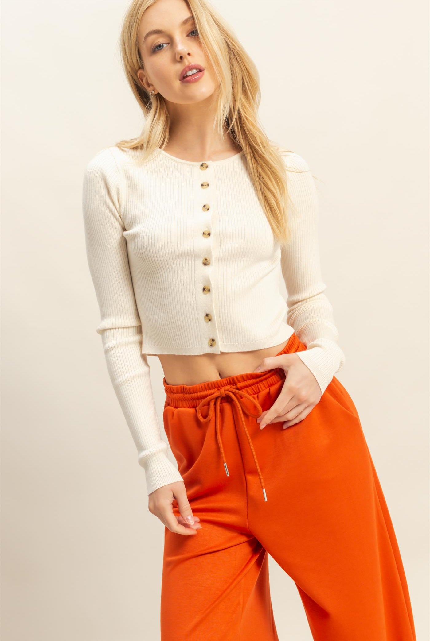 Wholesale Button-Up Ribbed Knit Top Sweaters HF25E930 CREAM HYFVE