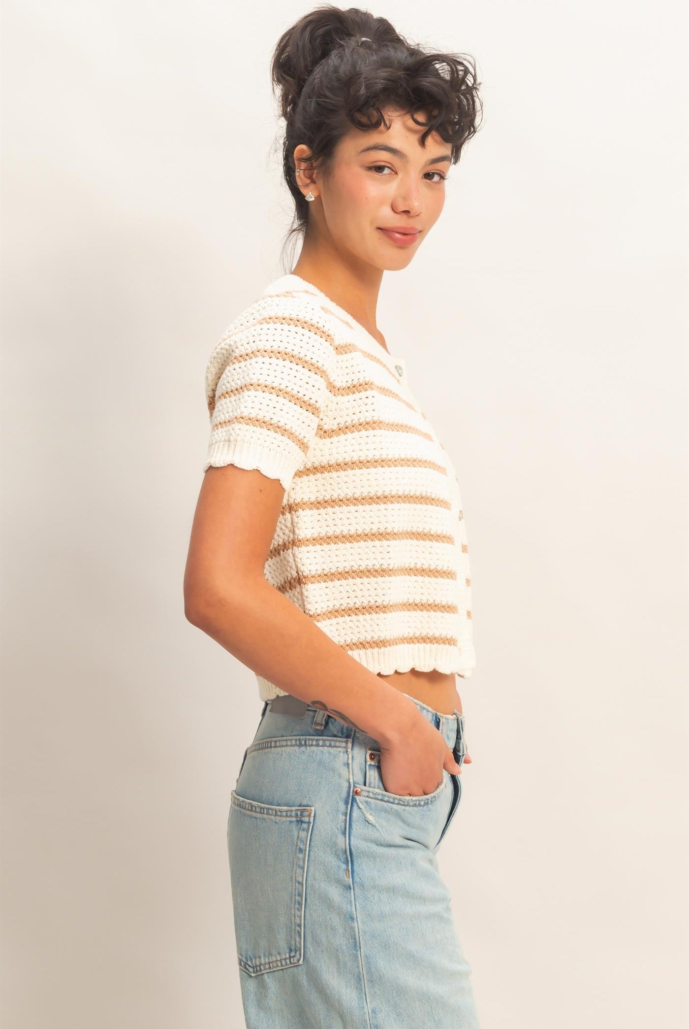 Wholesale Striped Short Sleeve Cardigan With Scallop Edge Cardigans DZ26A605 TAUPE DOUBLE ZERO