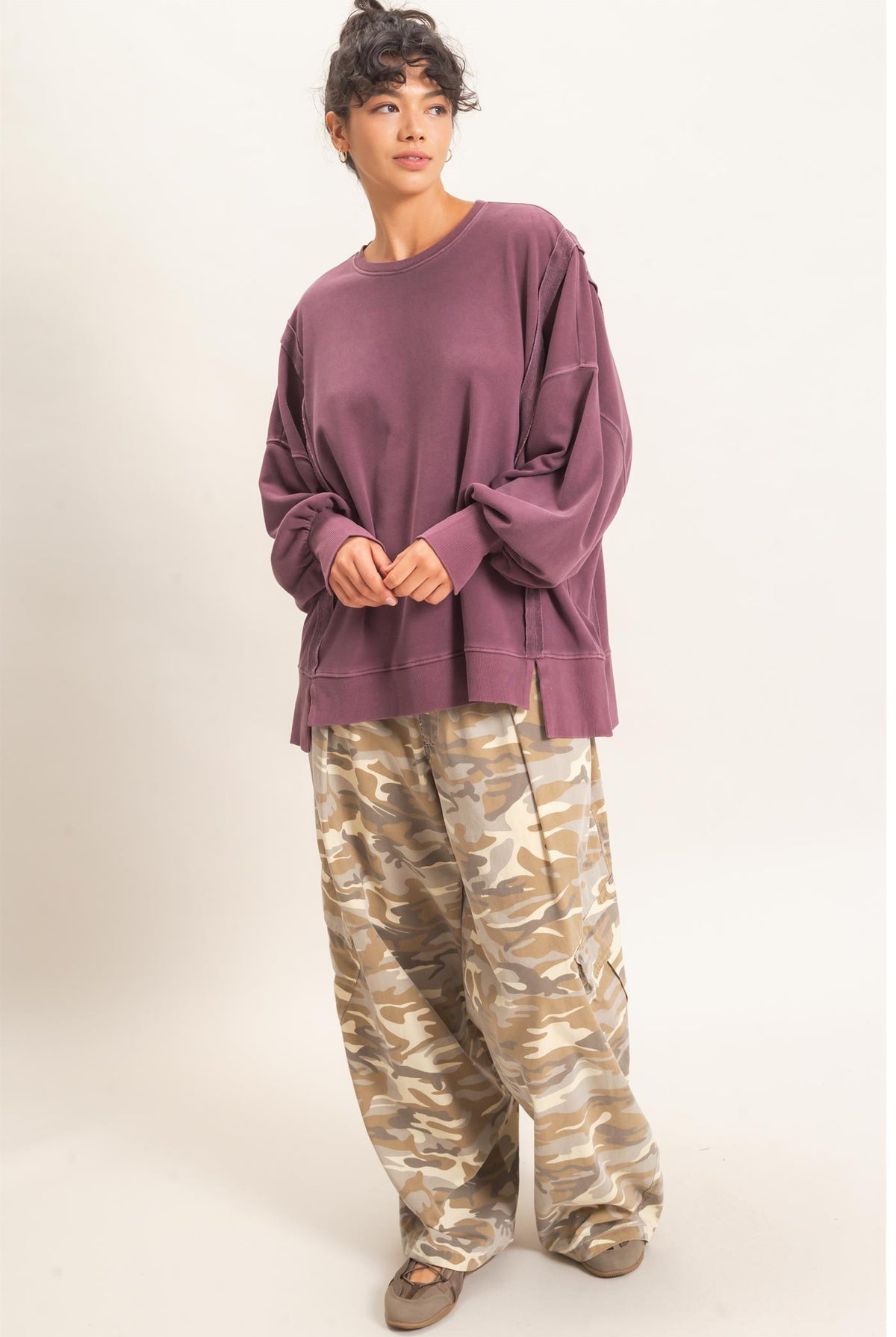 Wholesale Pigment Dye Oversized Raw Edge Sweatshirt Sweatshirts DZ26C737 DARK CHERRY DOUBLE ZERO