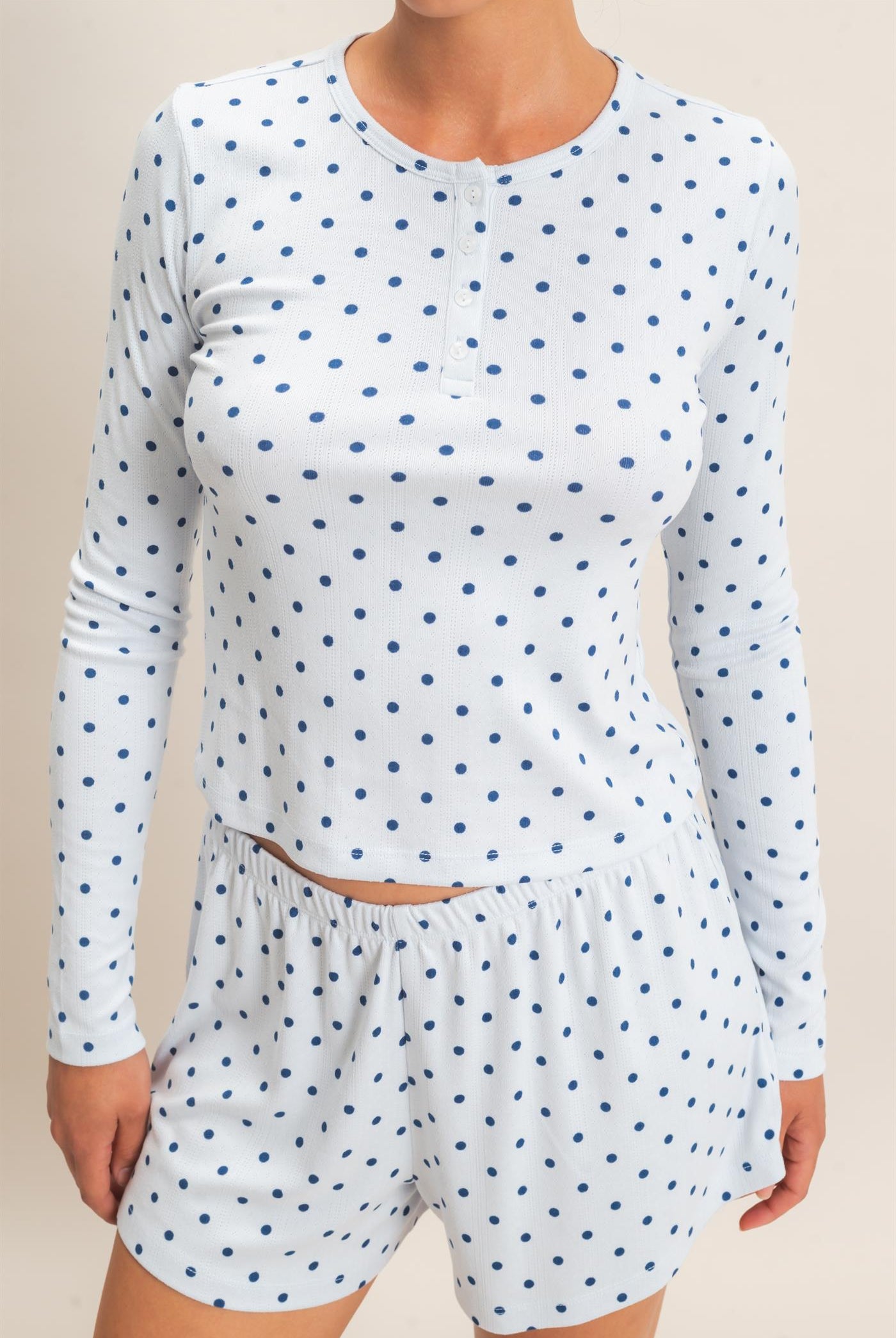 Wholesale Polka Dot Henley Long Sleeve Top & Shorts Set Clothing DZ27A154-SET LIGHT BLUE DOUBLE ZERO