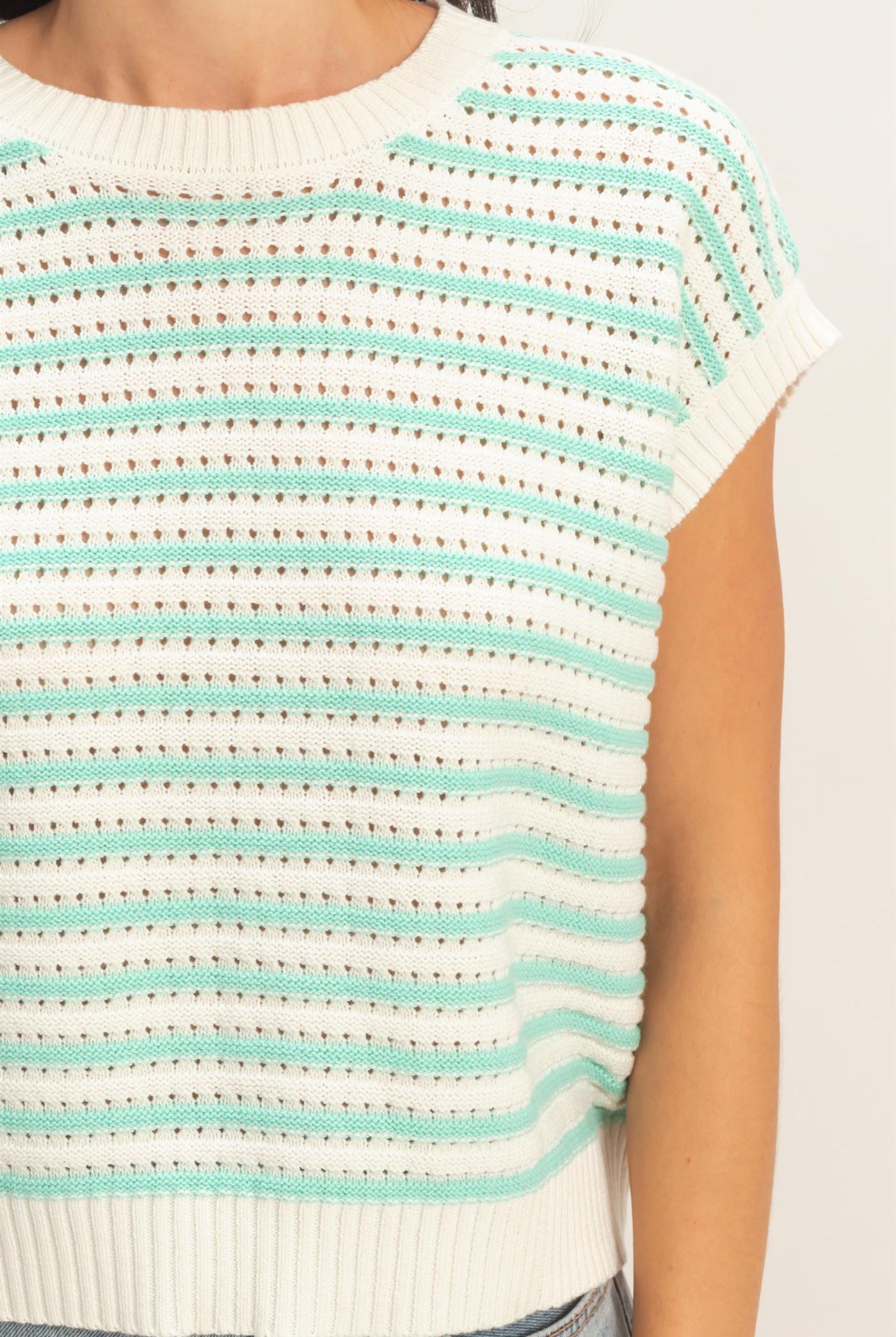 Wholesale Striped Sleeveless Crew Neck Top Sweaters DZ26A222 MINT DOUBLE ZERO