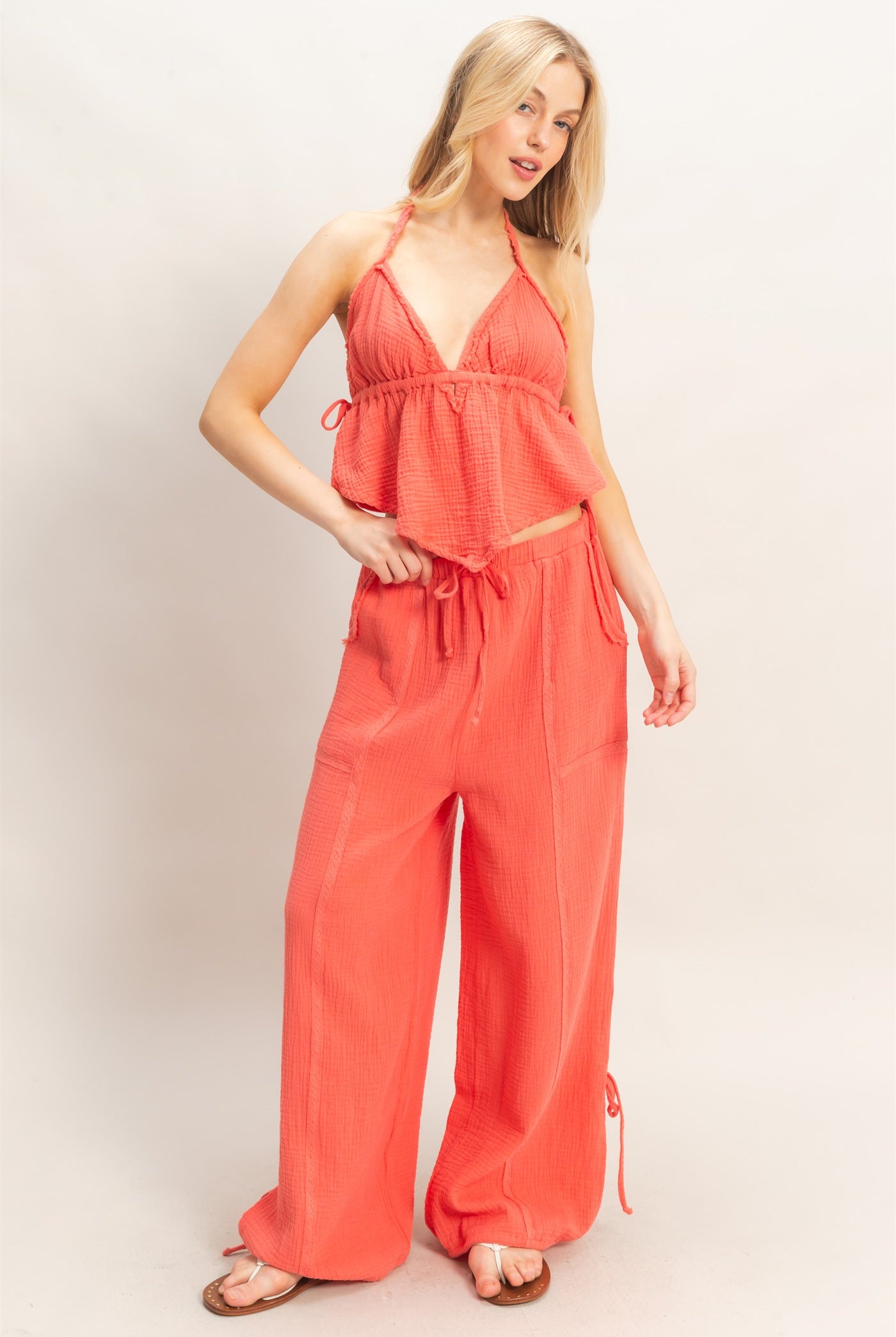 Wholesale Gauze Drawstring Jogger Pants Joggers HF26A822 RED ORANGE HYFVE