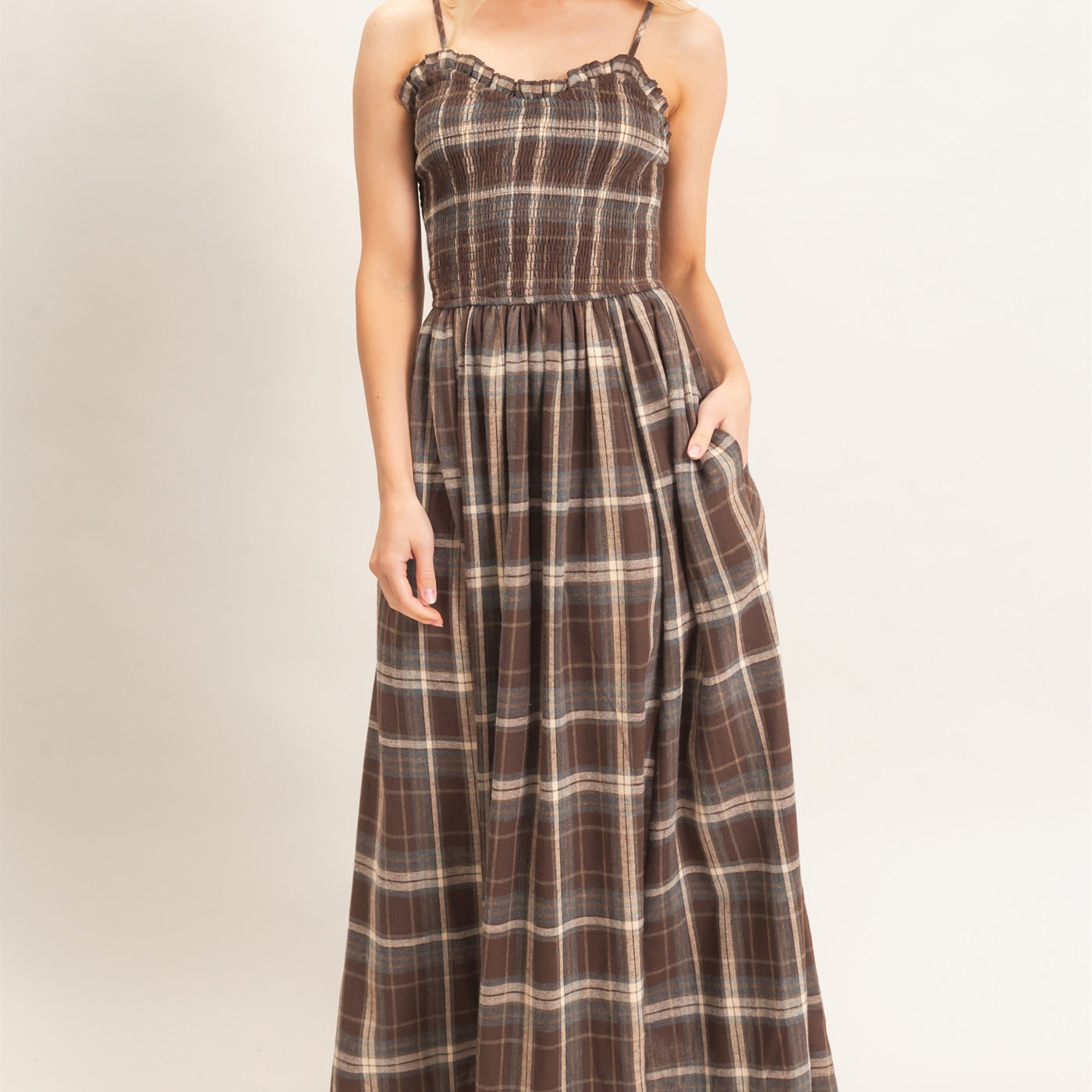 Wholesale Plaid Smocked Maxi Dress Dresses HF26C898 BROWN HYFVE
