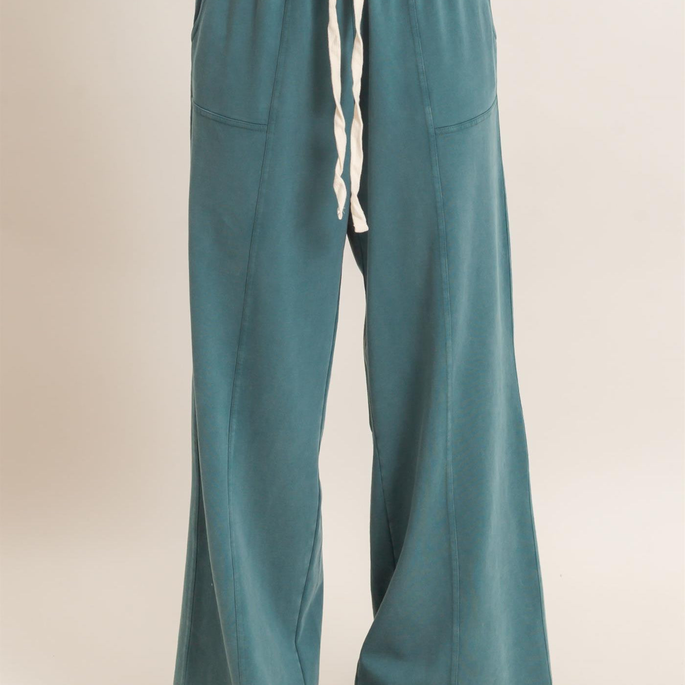 Wholesale Acid Wash Drawstring Waist Wide Leg Pants Pants DZ25A685 DARK TEAL DOUBLE ZERO