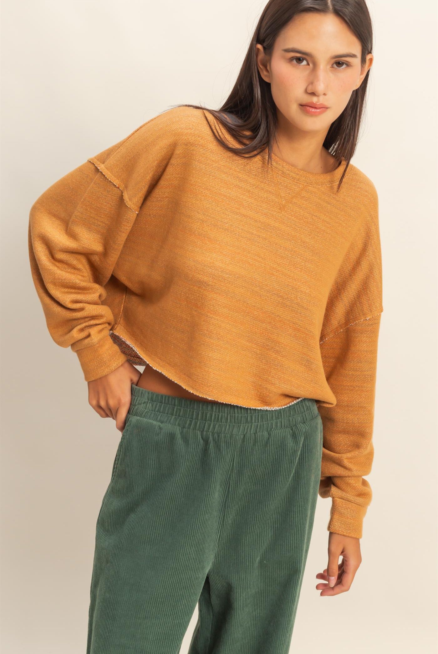 Wholesale Drop-Shoulder Cropped Top Clothing Tops DZ22G906 BROWN SUGAR DOUBLE ZERO