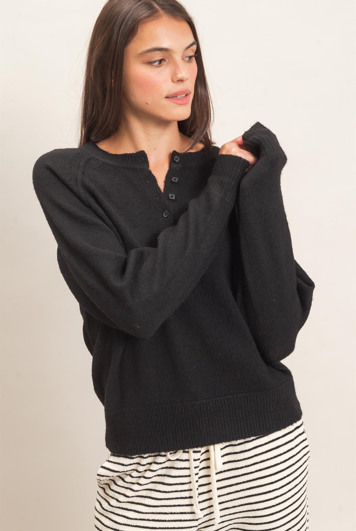 Wholesale Button Front Raglan Sweater Sweaters HF26E152 BLACK HYFVE