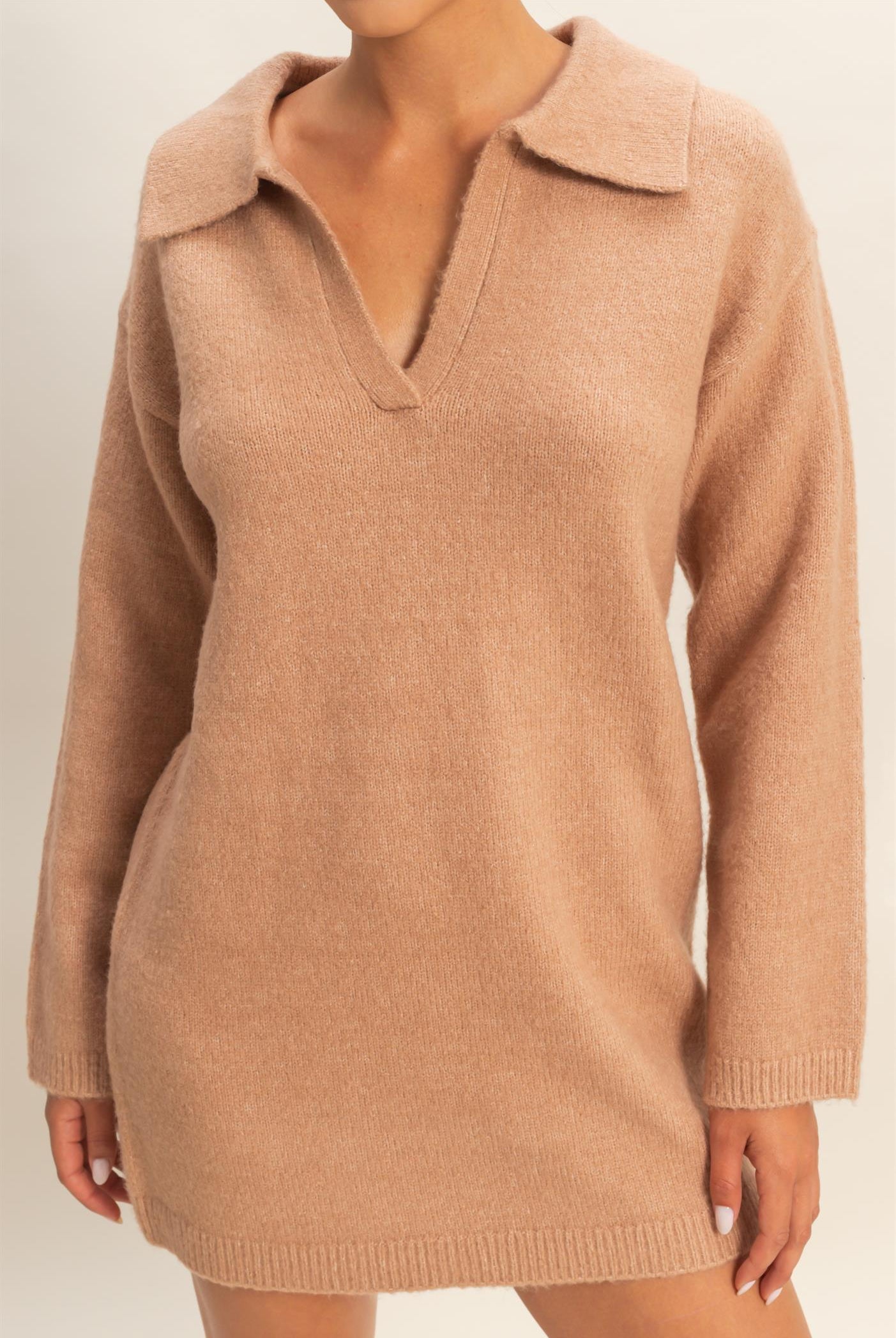 Wholesale Sophisticated Polo Long Sleeve Sweater Dress Dresses DZ25E838 DARK TAUPE DOUBLE ZERO