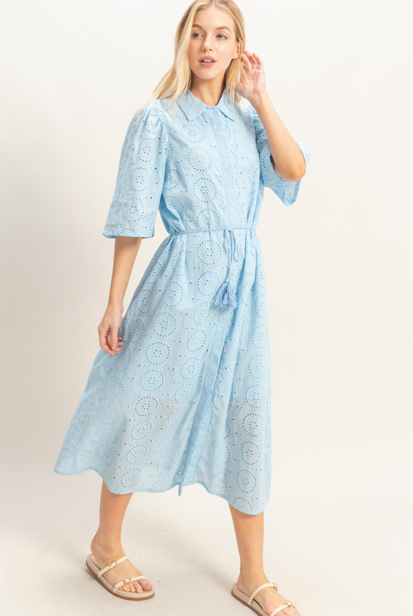 Wholesale Eyelet Collared Midi Dress Dresses HF26A021 L.BLUE HYFVE