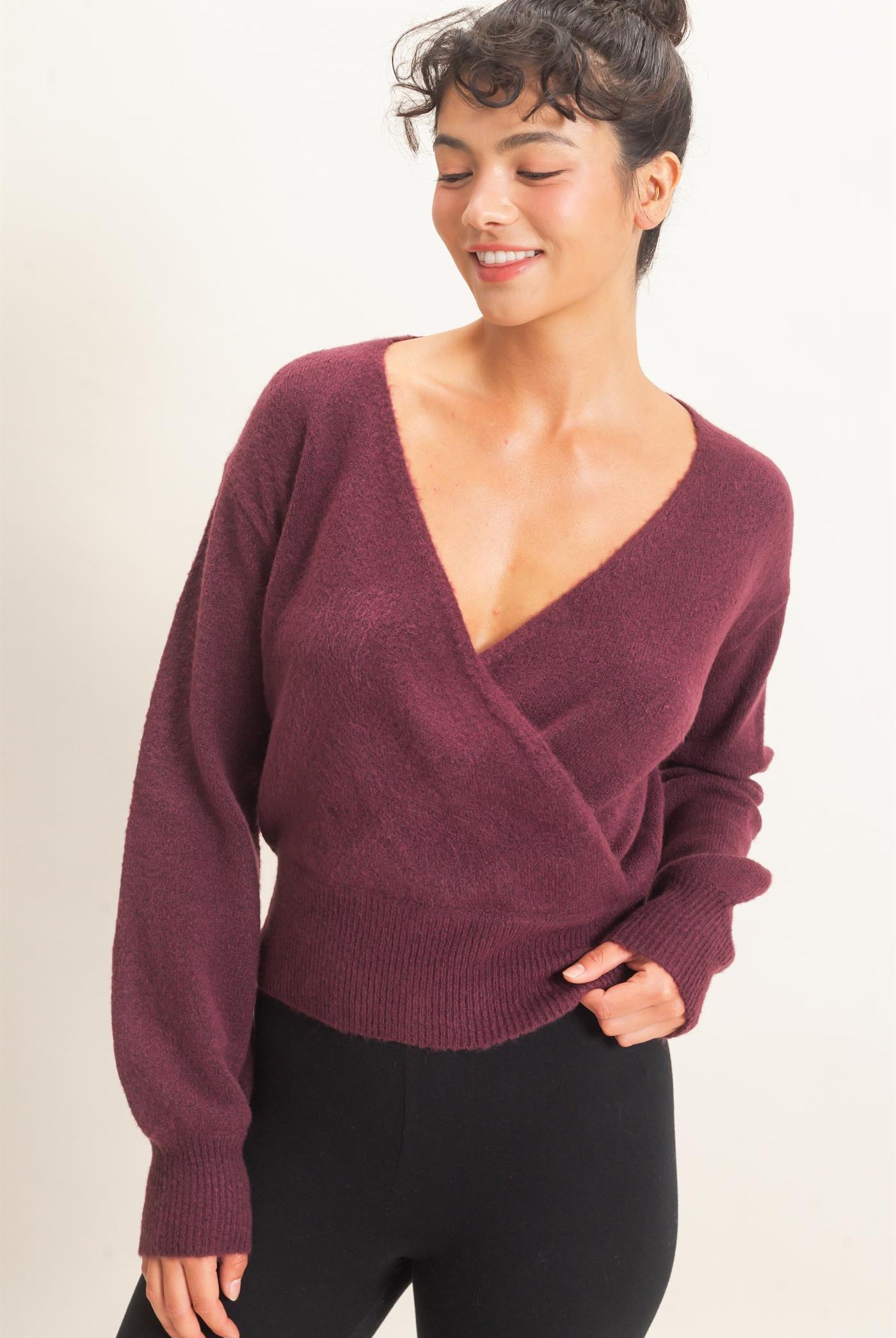 Wholesale Wrap V Neck Sweater Sweaters DZ26E948 DARK CHERRY DOUBLE ZERO