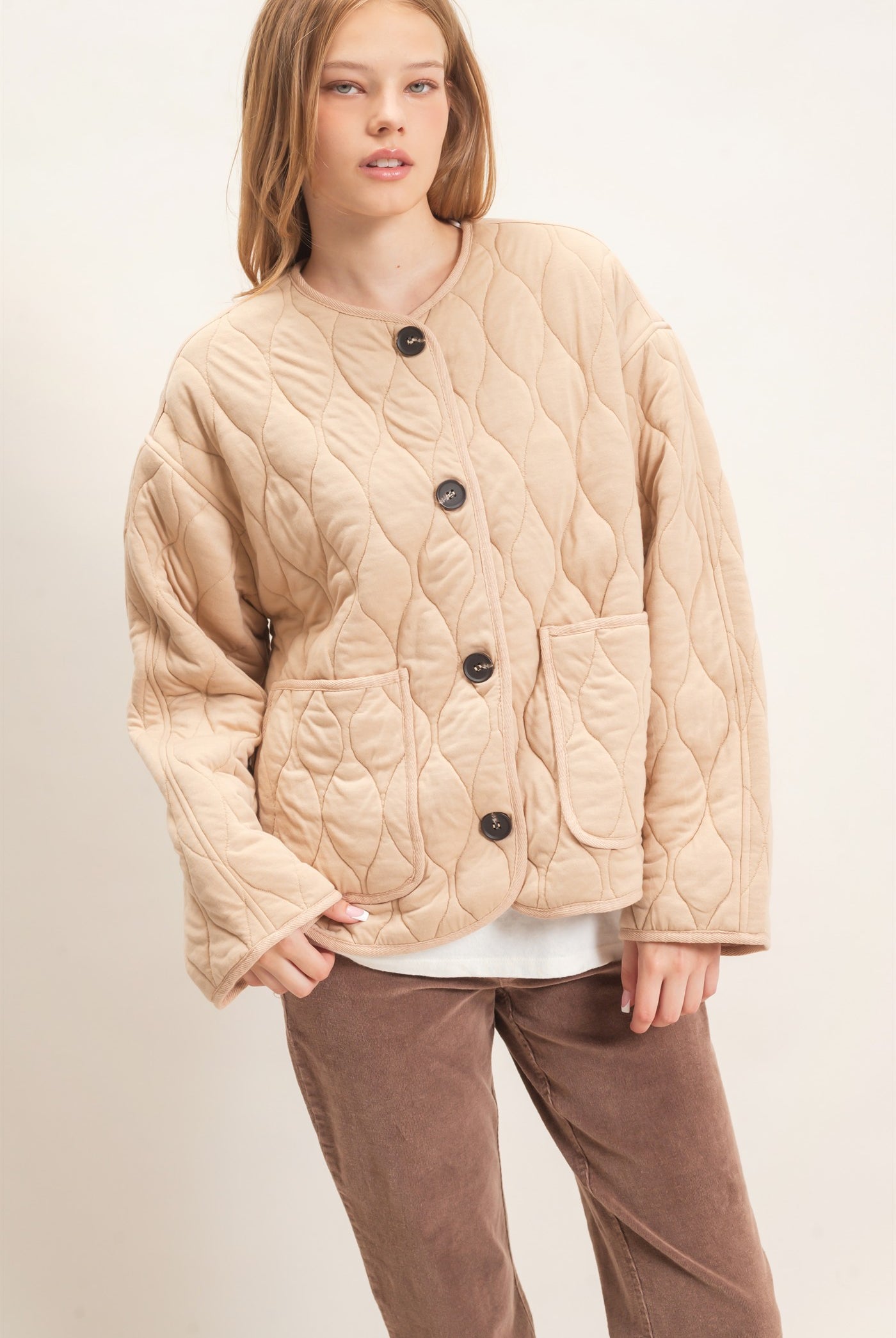Wholesale Diamond Quilted Jacket Coats & Jackets HF26E370 TAUPE HYFVE