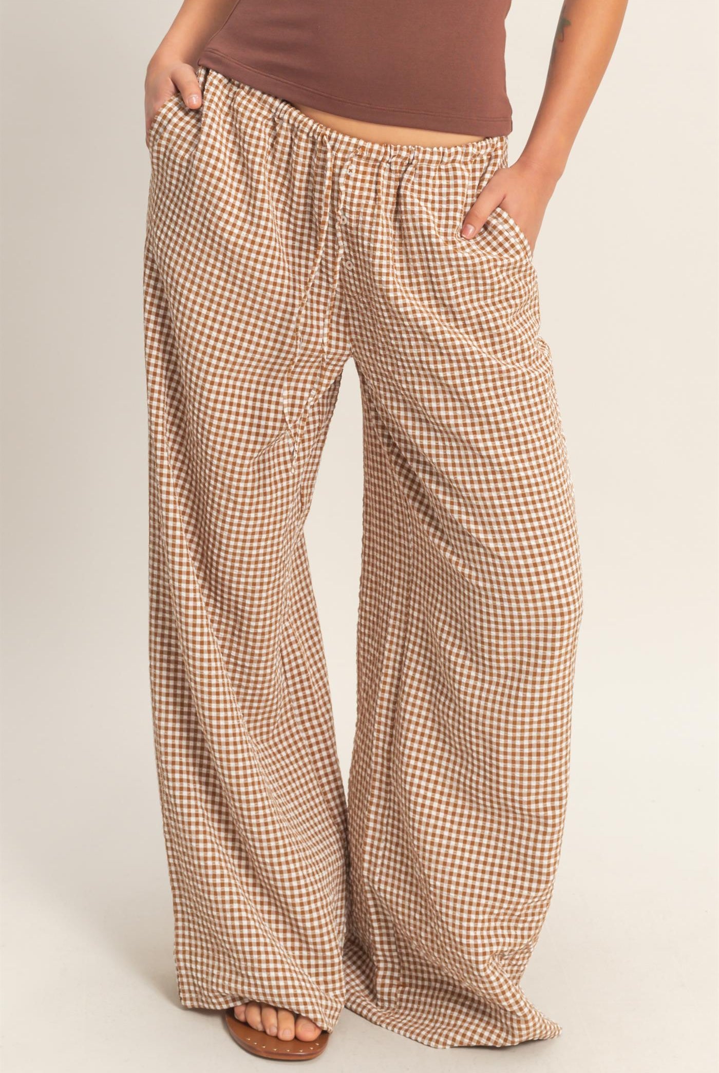 Wholesale Gingham Drawstring Wide-Leg Pants Pants DZ26C202 BROWN DOUBLE ZERO