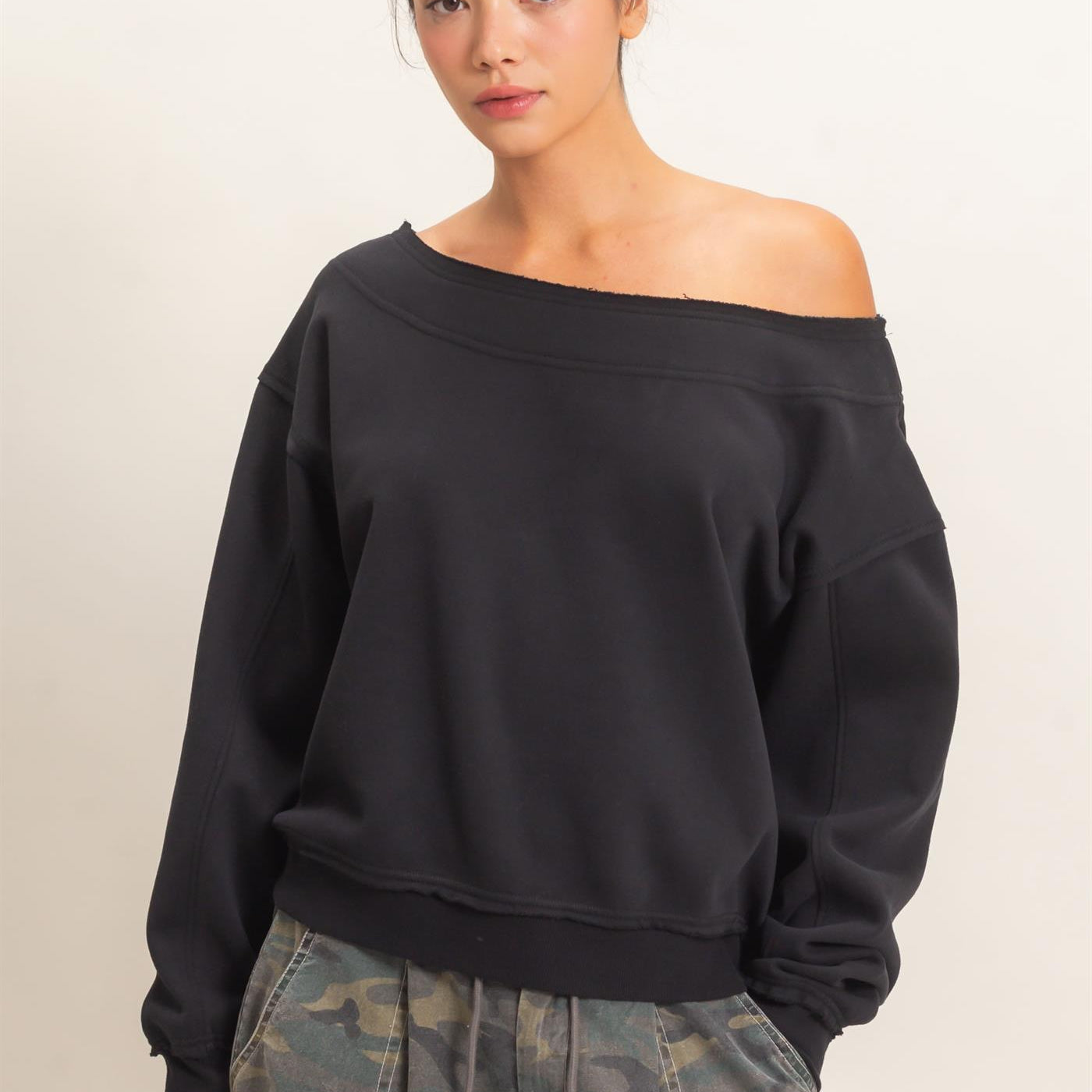 Wholesale Off Shoulder Sweatshirt Sweatshirts DZ26C880 BLACK DOUBLE ZERO