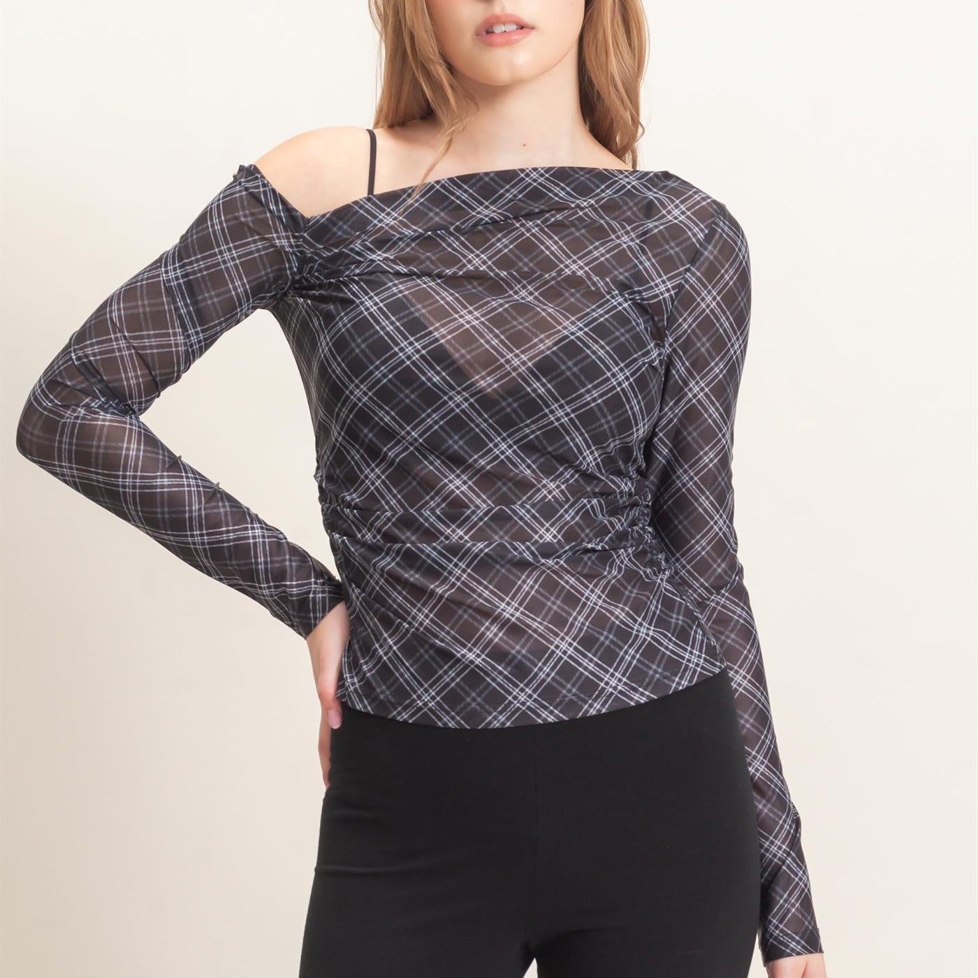 Wholesale Asymmetrical Plaid Off Shoulder Top Dresses HF26E710 BLACK HYFVE