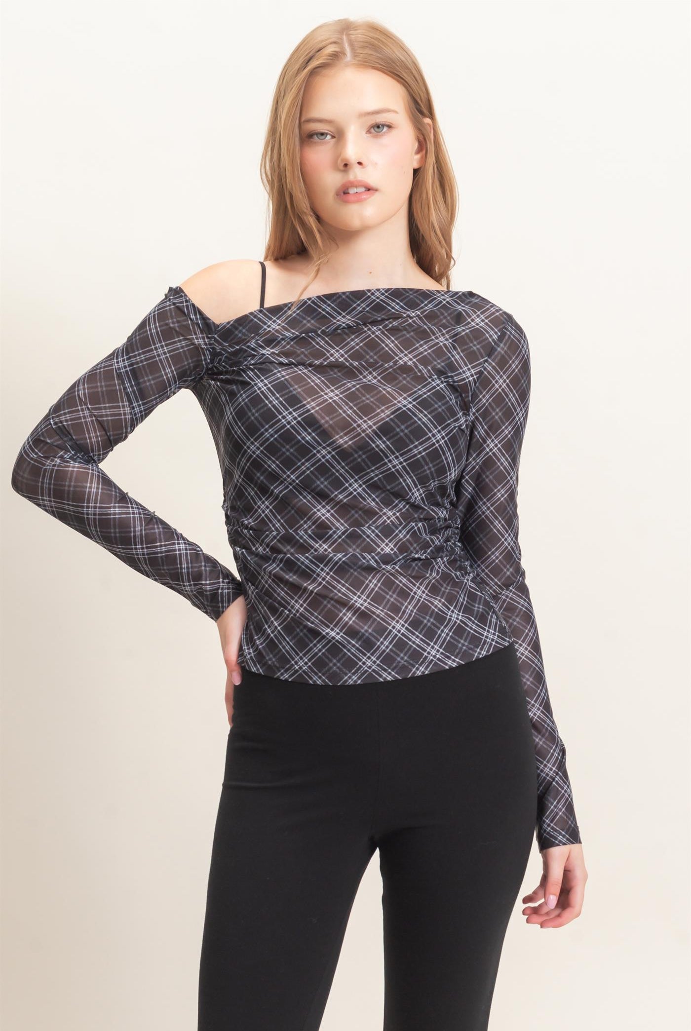 Wholesale Asymmetrical Plaid Off Shoulder Top Dresses HF26E710 BLACK HYFVE