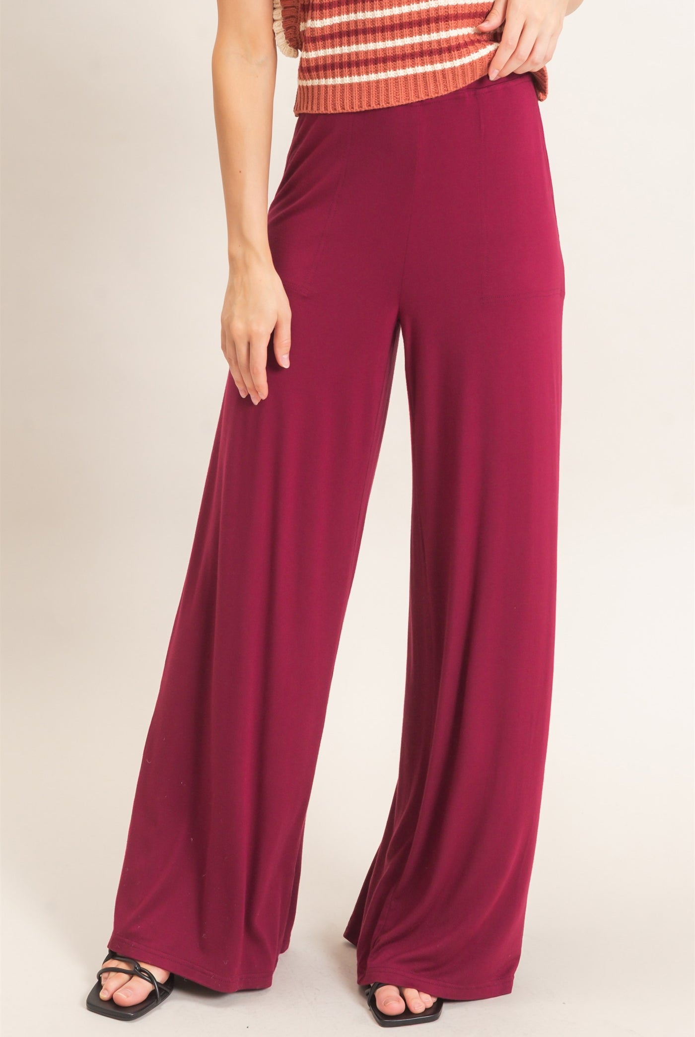 Wholesale Wide-Leg Elastic Waist Pants Pants HF26F299-D BURGUNDY HYFVE