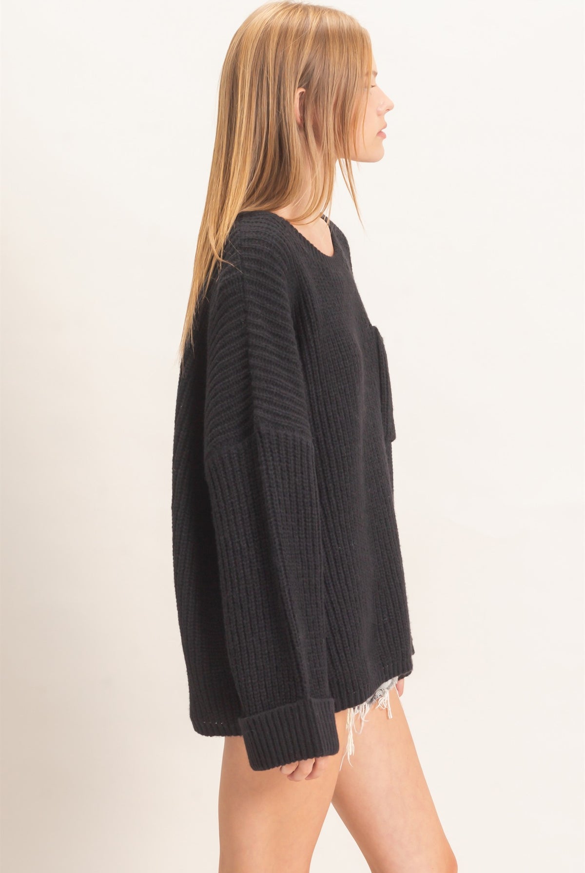 Wholesale Ribbed Knit Patch Pocket Sweater Sweaters HF26F177 BLACK HYFVE