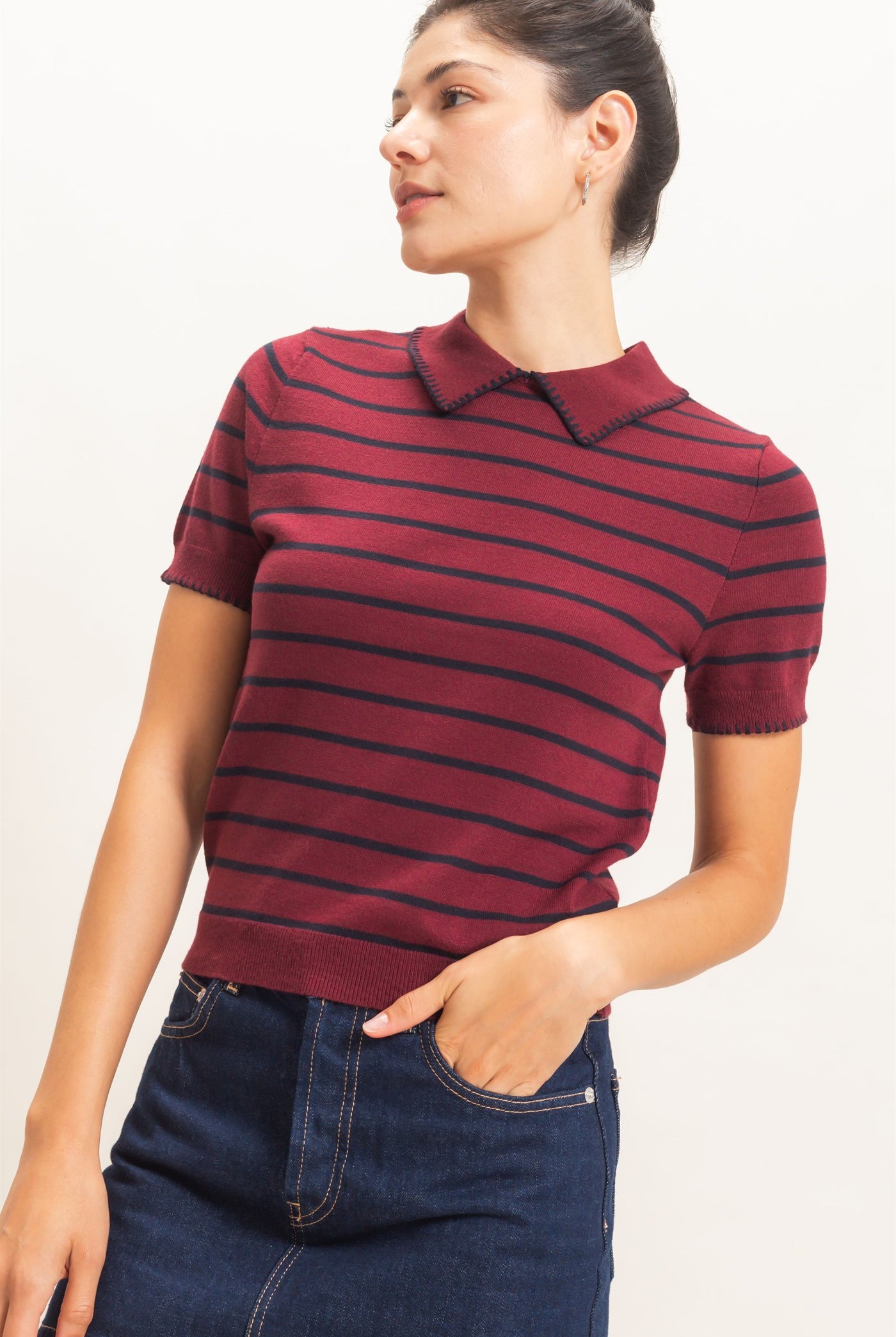 Wholesale Striped Polo Collar Sweater Sweaters HF26E233 BURGUNDY HYFVE