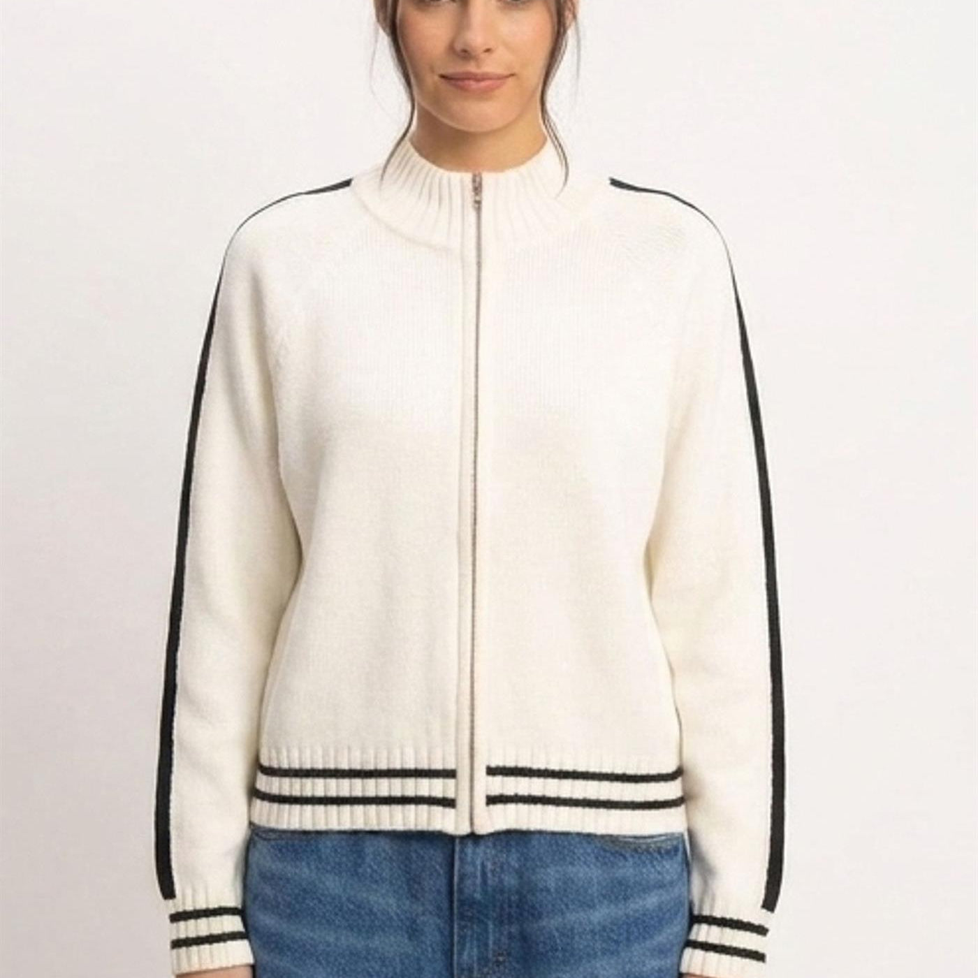 Wholesale Contrast Stripe Zip-Up Sweater Sweaters DZ26E861 CREAM DOUBLE ZERO