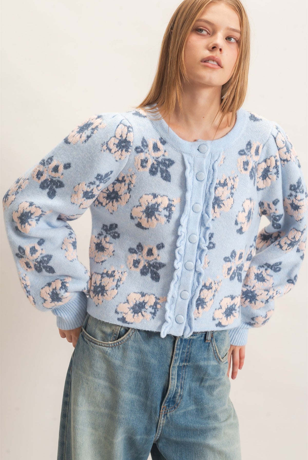 Wholesale Floral Jacquard Ruffle Placket Cardigan Cardigans HF26F148 BLUE HYFVE