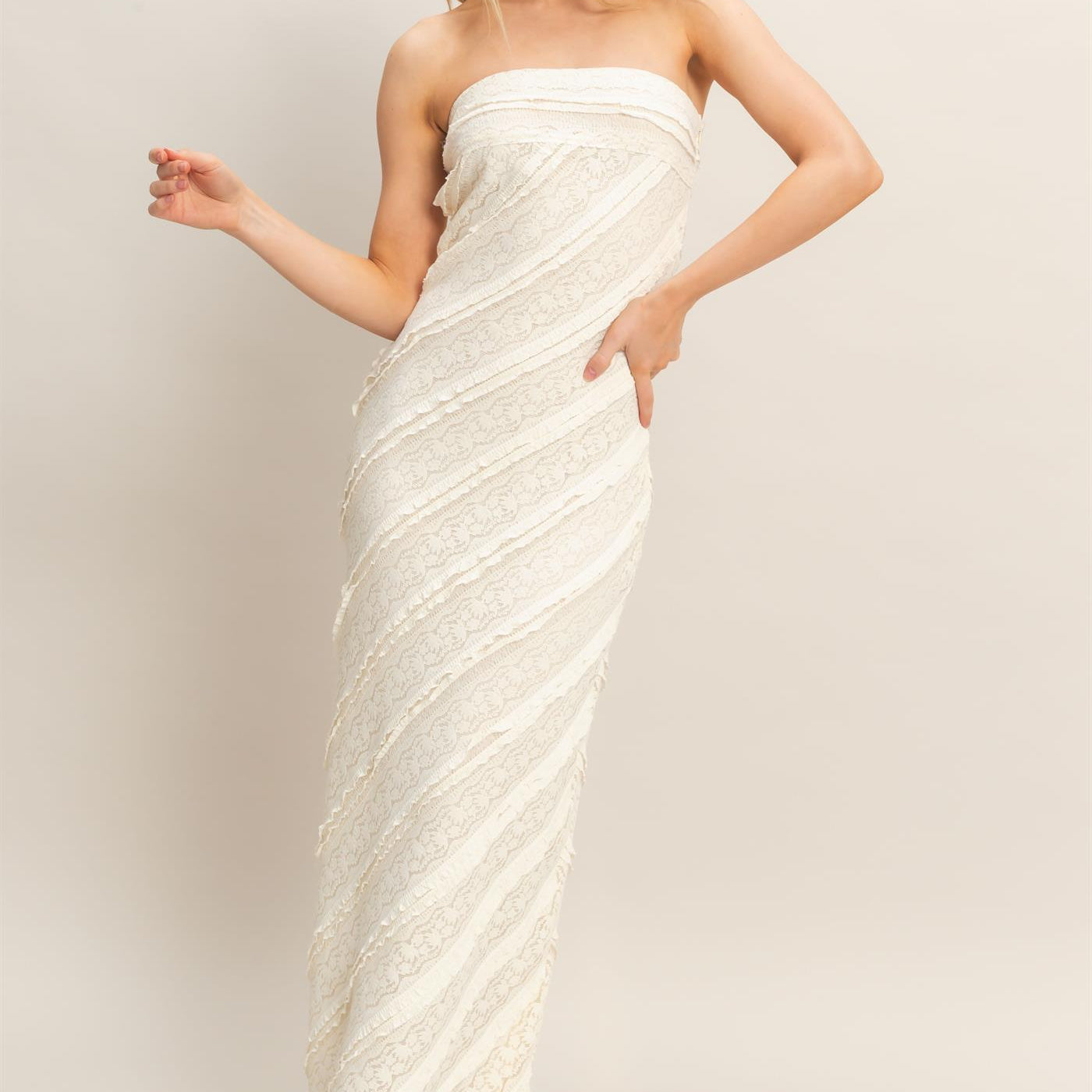 Wholesale Strapless Ruched Maxi Dress Dresses HF26A105 CREAM HYFVE