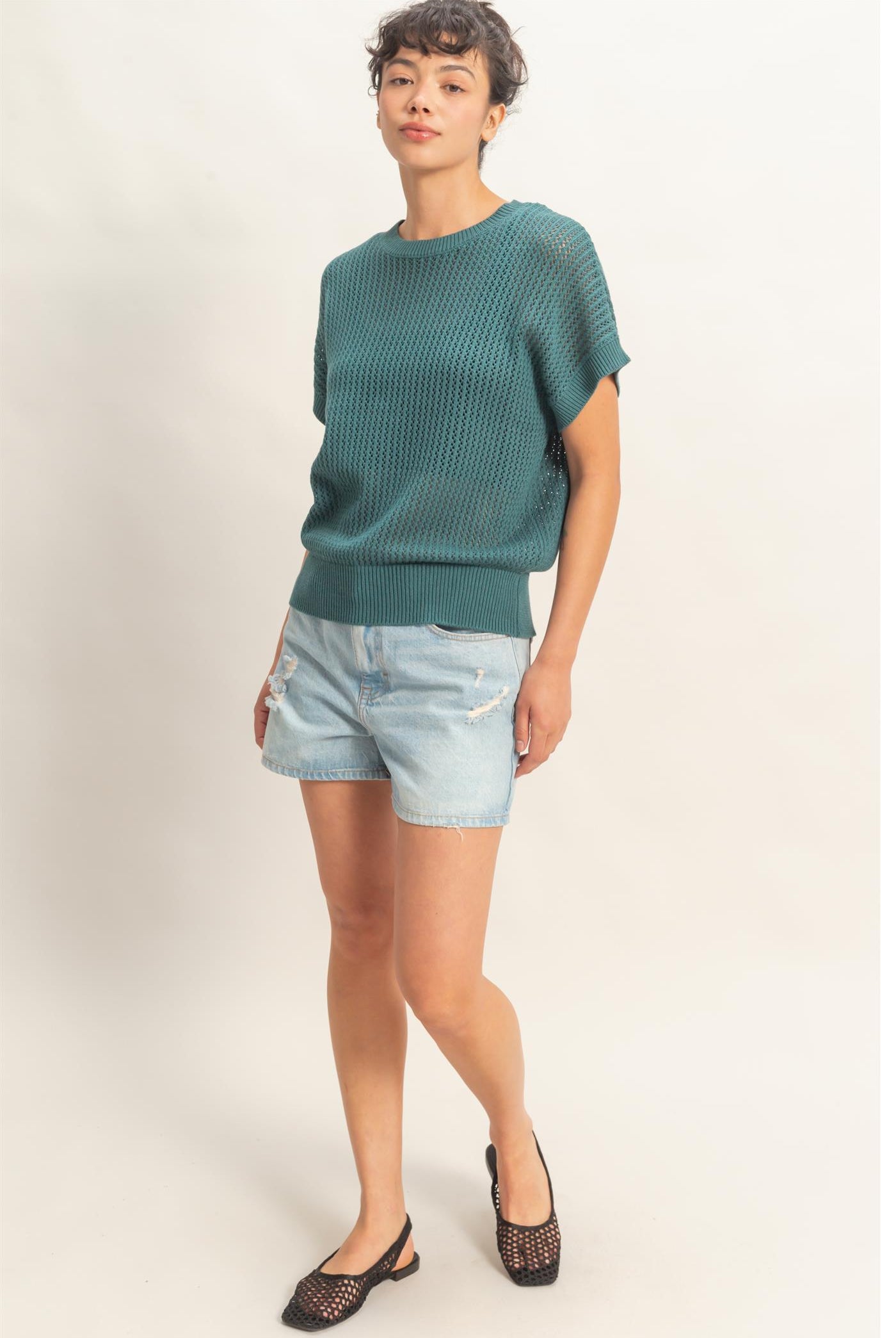 Wholesale Open-Knit Dolman Sleeve Top Clothing Tops DZ26A334 DARK TEAL DOUBLE ZERO