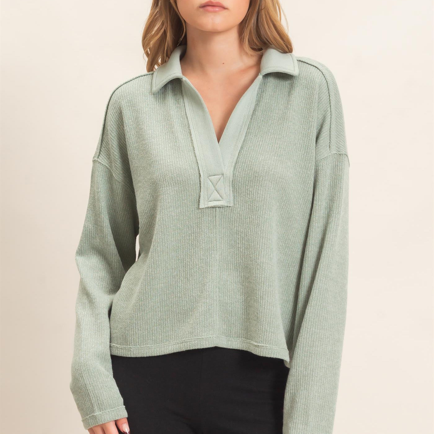 Wholesale Ribbed Collared Pullover Top Clothing Tops HF26E472 SAGE HYFVE