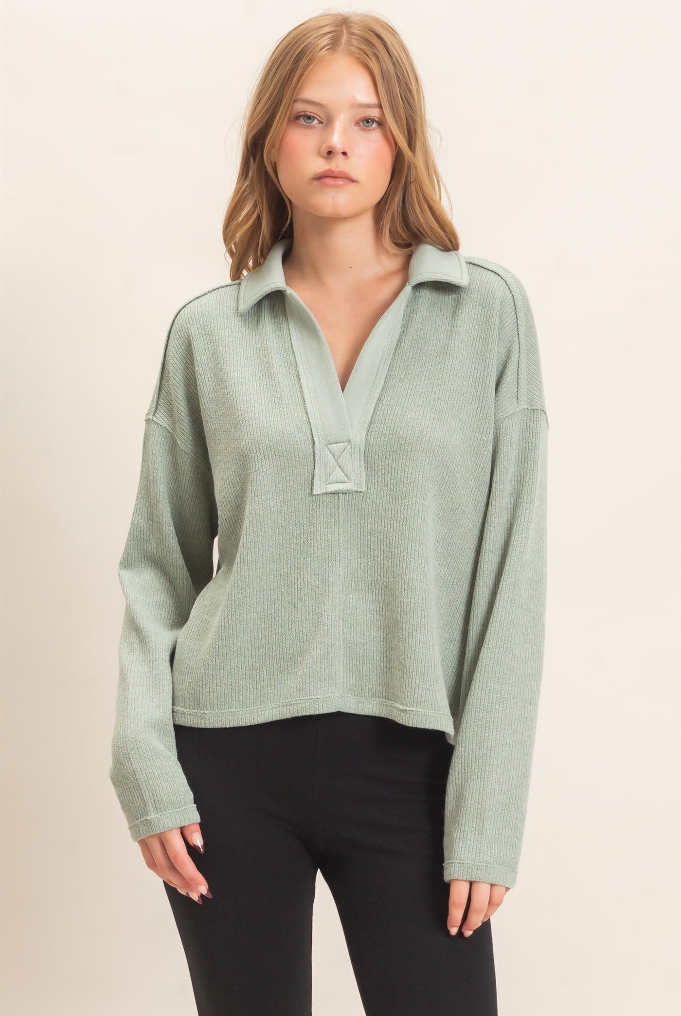 Wholesale Ribbed Collared Pullover Top Clothing Tops HF26E472 SAGE HYFVE