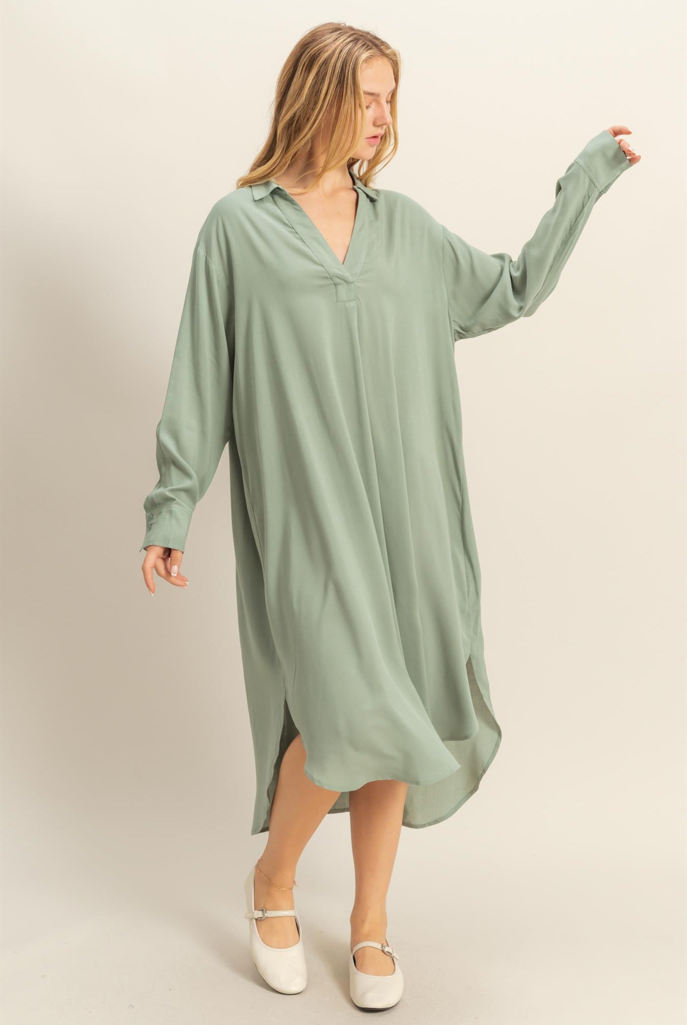 Wholesale V-Neck Long Sleeved Midi Shirts Dress Dresses DZ24E706 SAGE GREEN DOUBLE ZERO