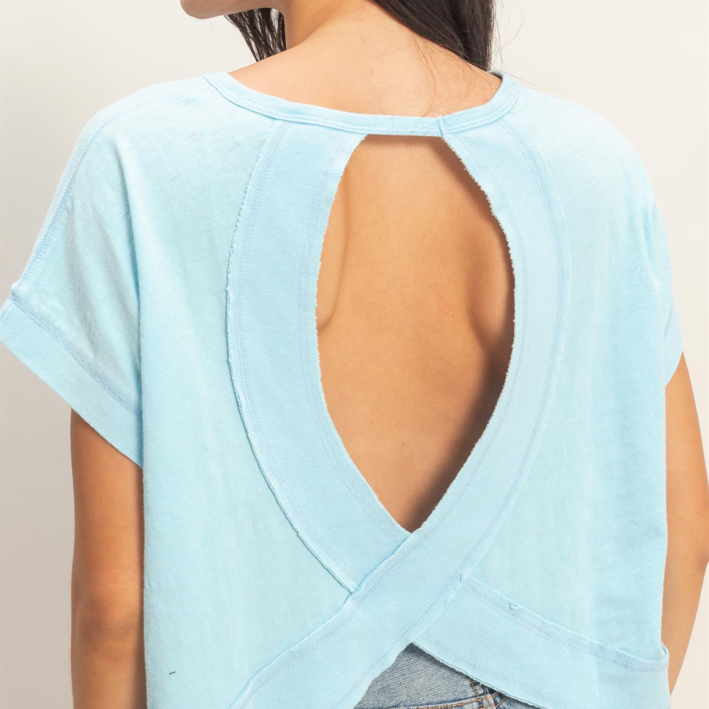 Wholesale Acid Wahsed Cross Detail Open Back Top Clothing Tops DZ26A225 BLUE DOUBLE ZERO