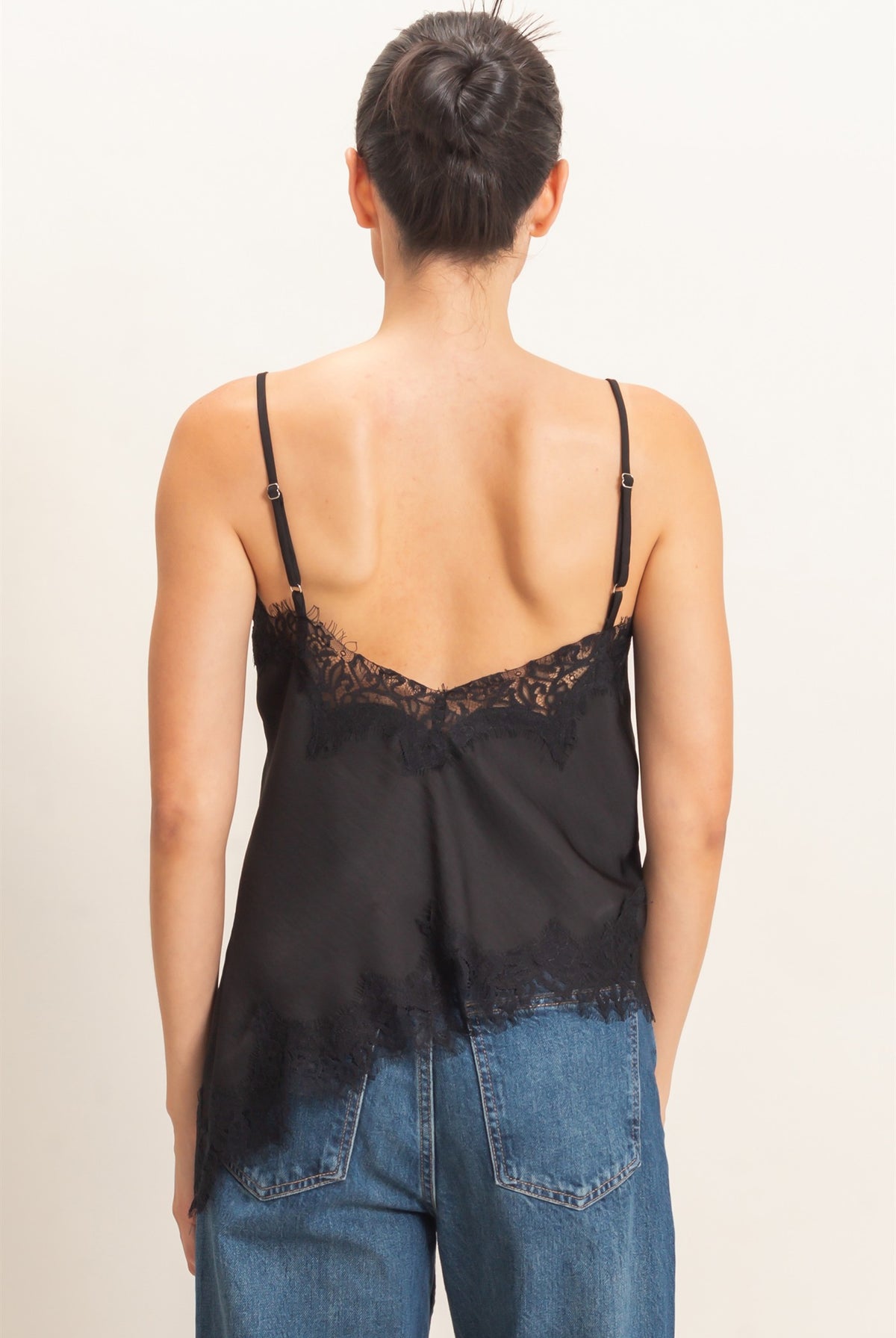 Wholesale Asymmetrical Satin Lace Top Camisoles HF26C945-D BLACK HYFVE