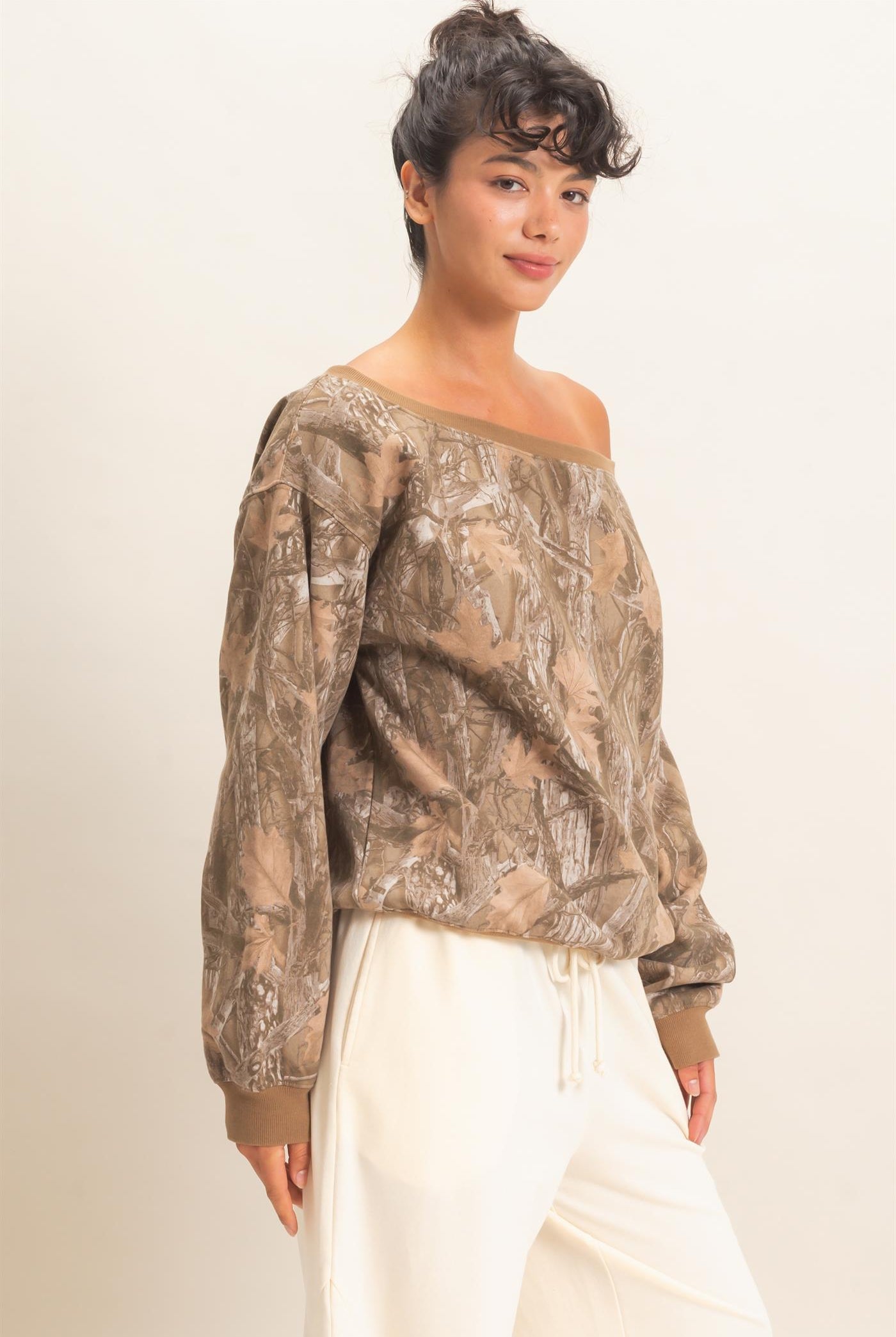 Wholesale Tree Camouflage Print Off The Shoulder Sweatshirt Sweatshirts DZ26F310 BROWN DOUBLE ZERO