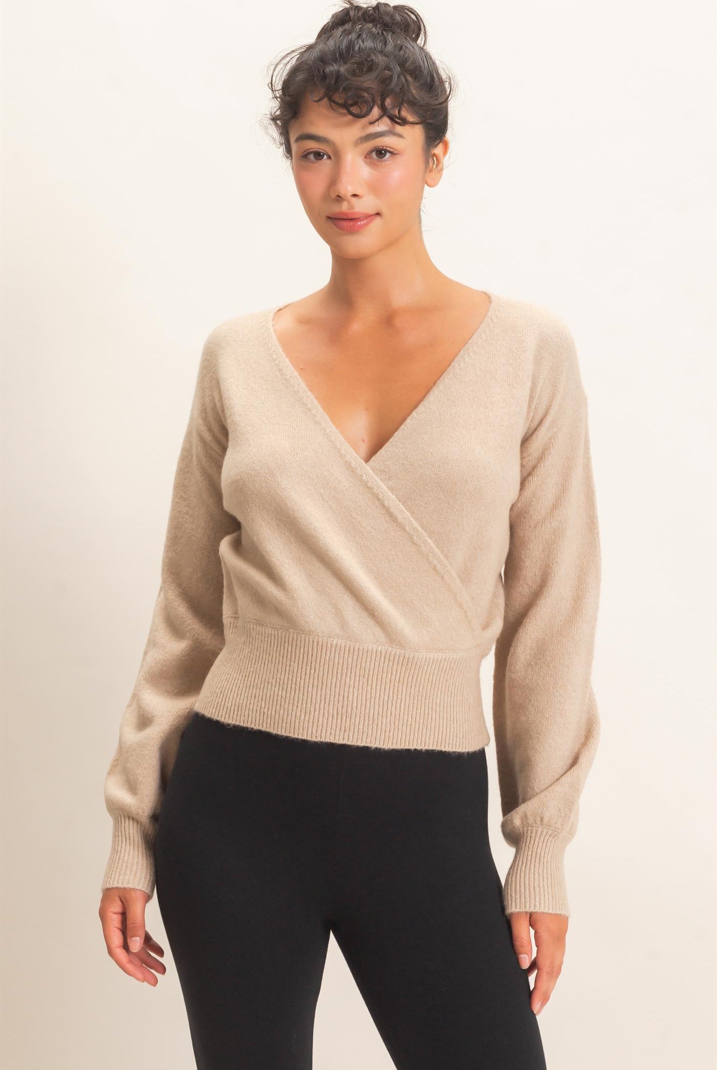 Wholesale Wrap V Neck Sweater Sweaters DZ26E948 TAUPE DOUBLE ZERO