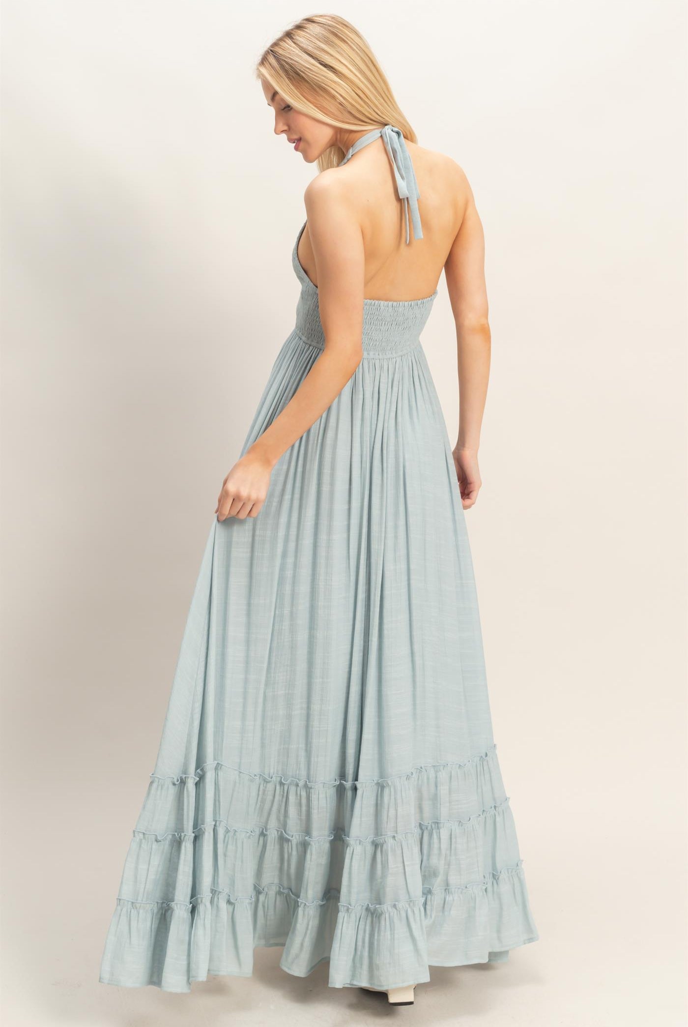 Wholesale Halter Neck Smocked Maxi Dress Dresses HF26C287-D D.BLUE HYFVE