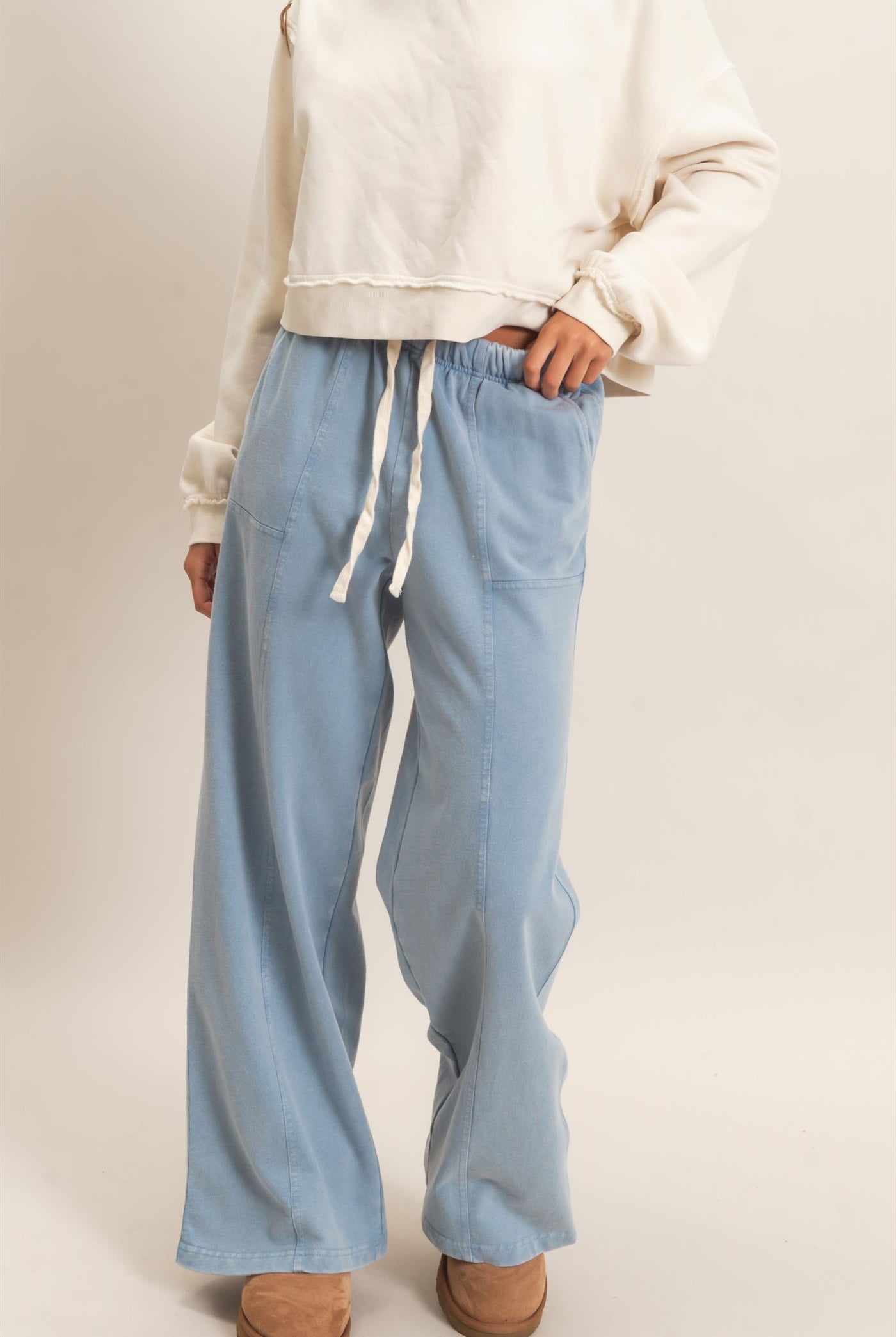 Wholesale Acid Wash Drawstring Waist Wide Leg Pants Pants DZ25A685 DUSTY BLUE DOUBLE ZERO