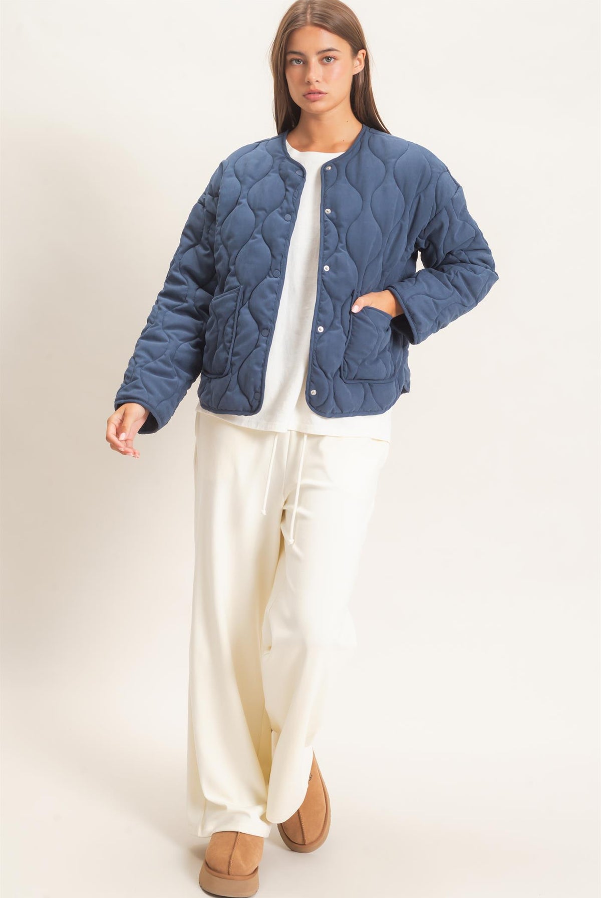 Wholesale Quilted Button Front Jacket Coats & Jackets DZ26F254 NAVY DOUBLE ZERO