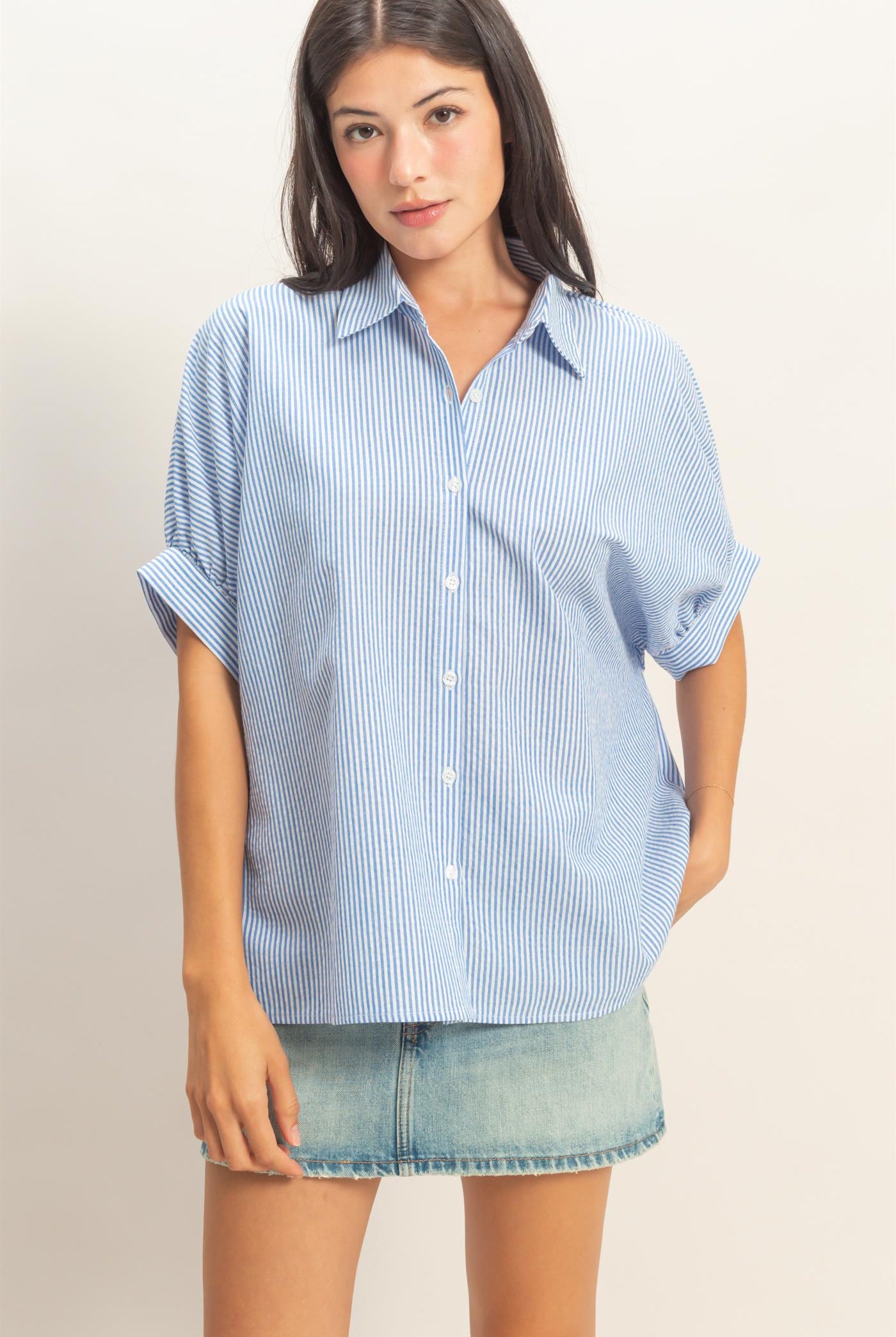 Wholesale Striped Short Sleeve Button-Front Blouse T-Shirts DZ26C276 BLUE DOUBLE ZERO