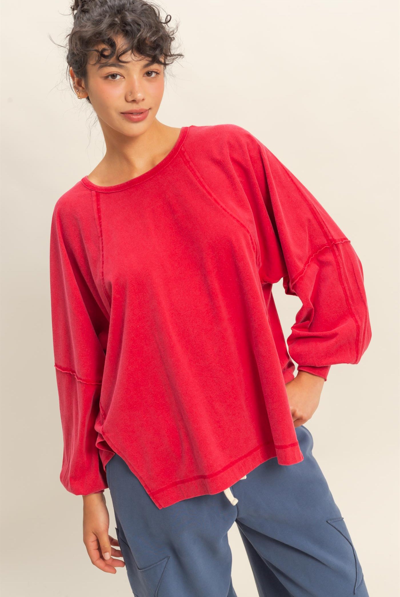 Wholesale Washed Oversized Long Sleeve Top With Slit Clothing Tops DZ25C921 RED HYFVE