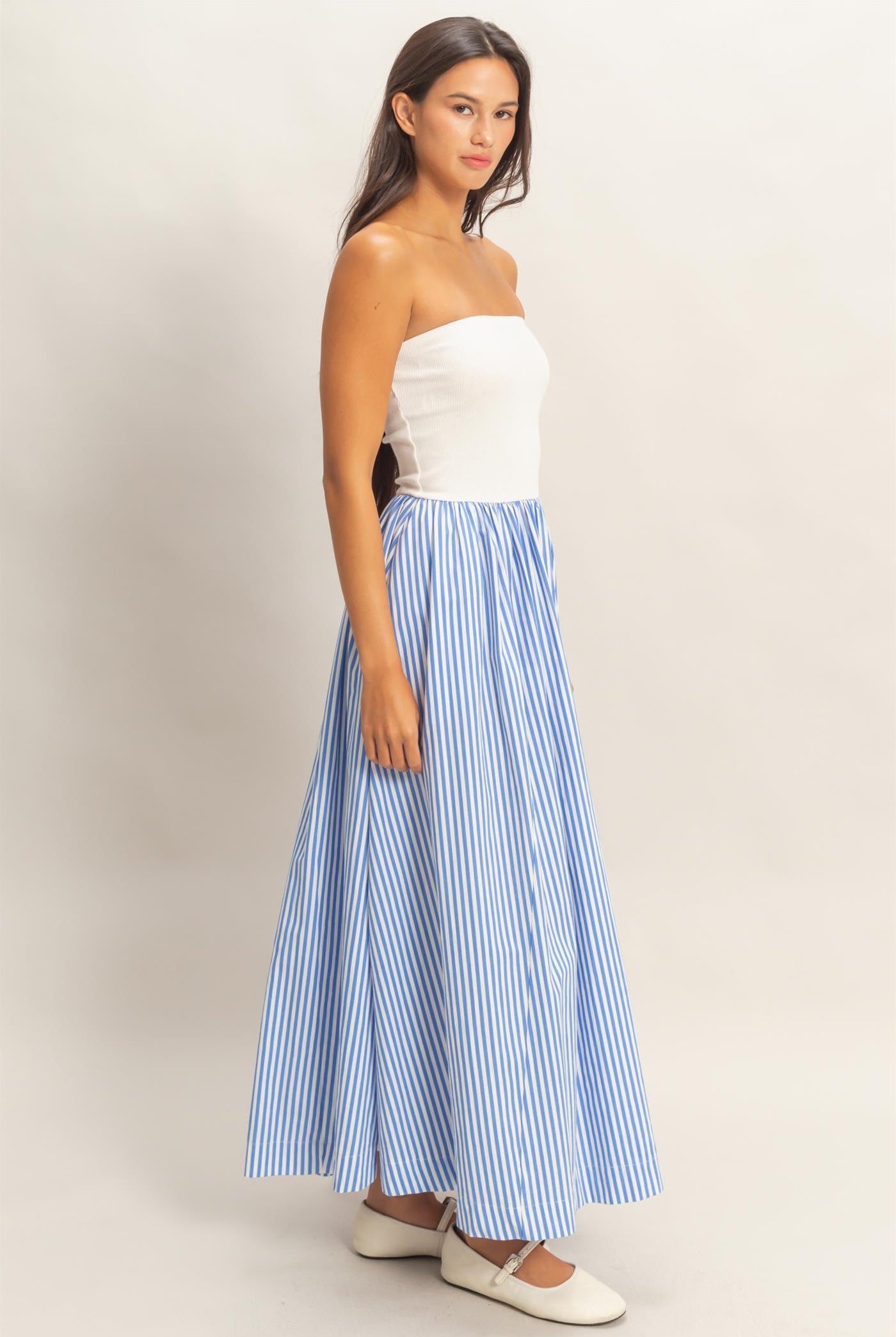 Wholesale Striped Strapless Flowy Midi Dress Dresses DZ26C169 BLUE DOUBLE ZERO