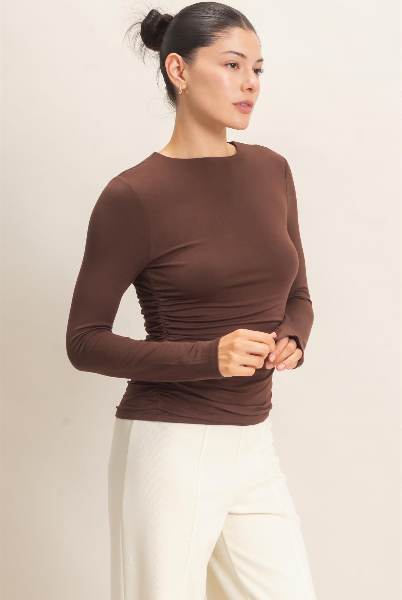 Wholesale Ruched Long Sleeve Top Clothing Tops HF26E776 ESPRESSO HYFVE