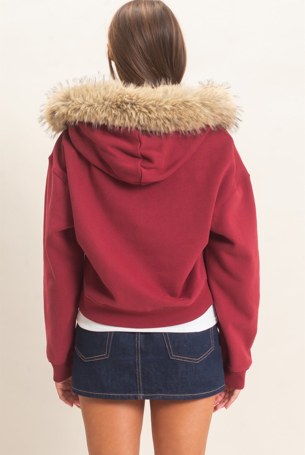 Wholesale Detachable Fur Zip Up Hoodie Hoodies DZ26F396 BURGUNDY DOUBLE ZERO
