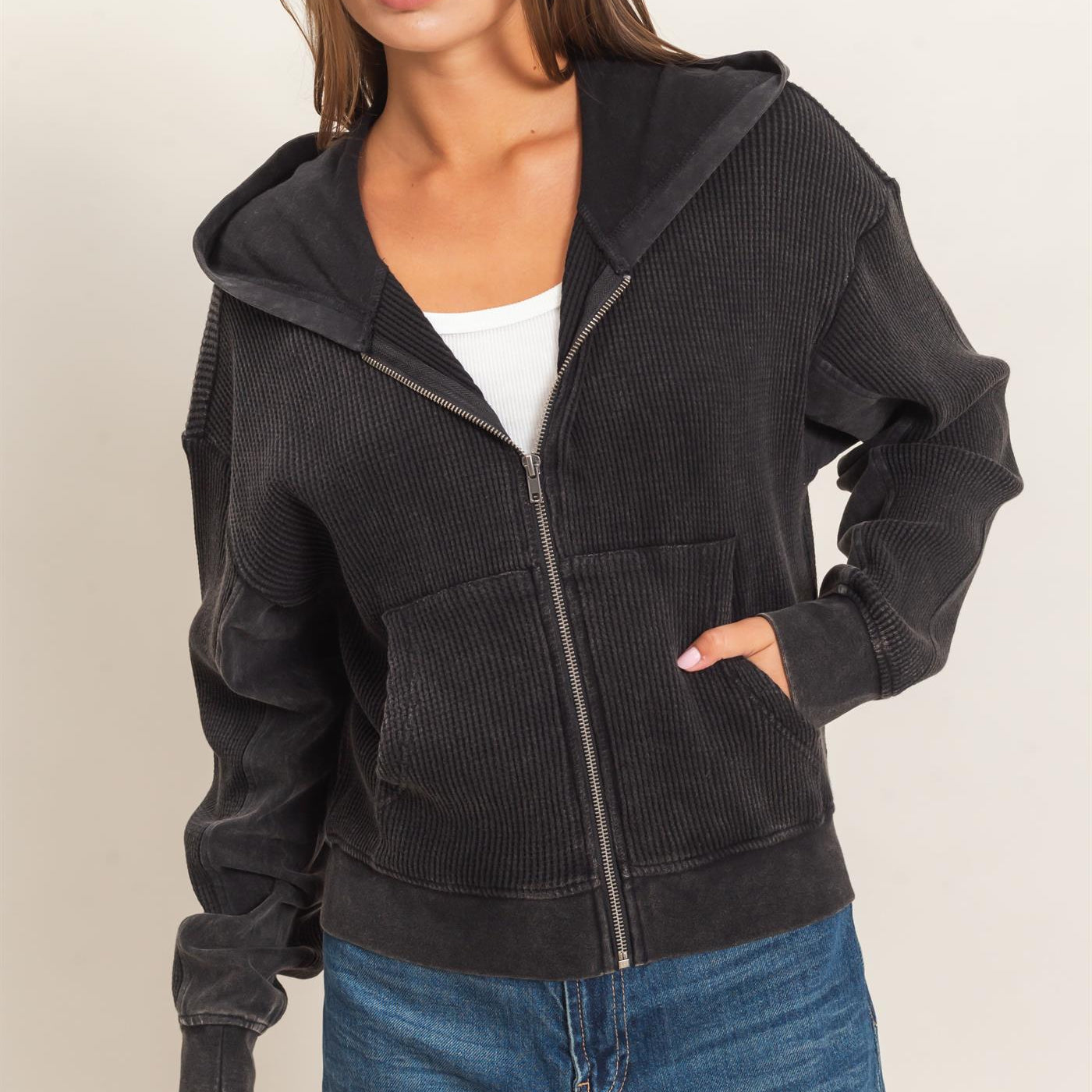 Wholesale Acid Wash Waffle Knit Zip-Up Hoodie Hoodies DZ26E401 BLACK DOUBLE ZERO