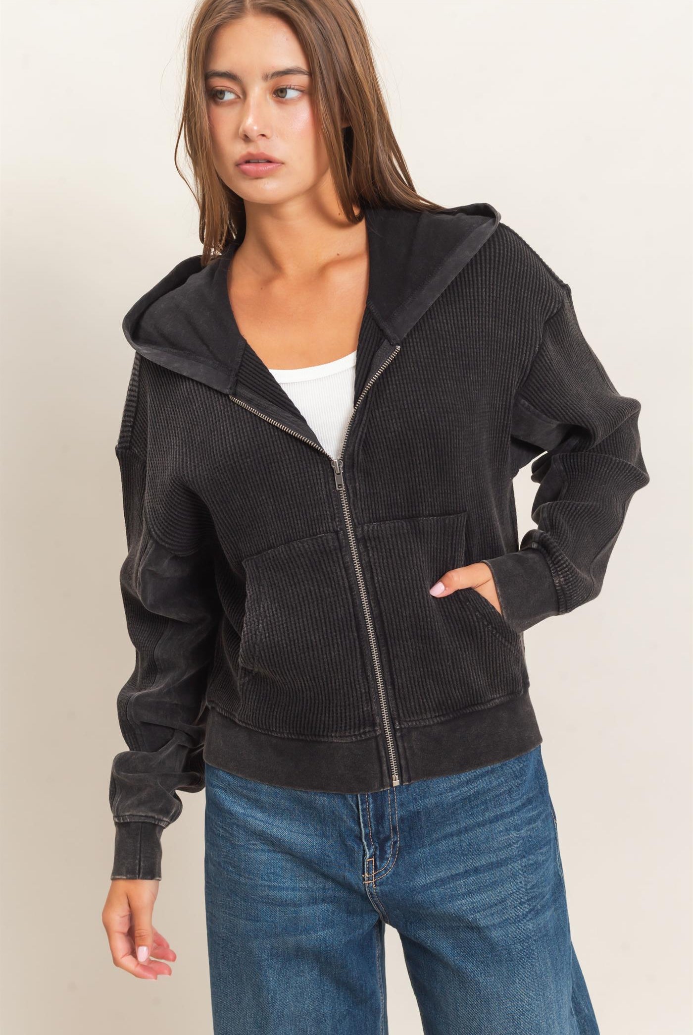 Wholesale Acid Wash Waffle Knit Zip-Up Hoodie Hoodies DZ26E401 BLACK DOUBLE ZERO
