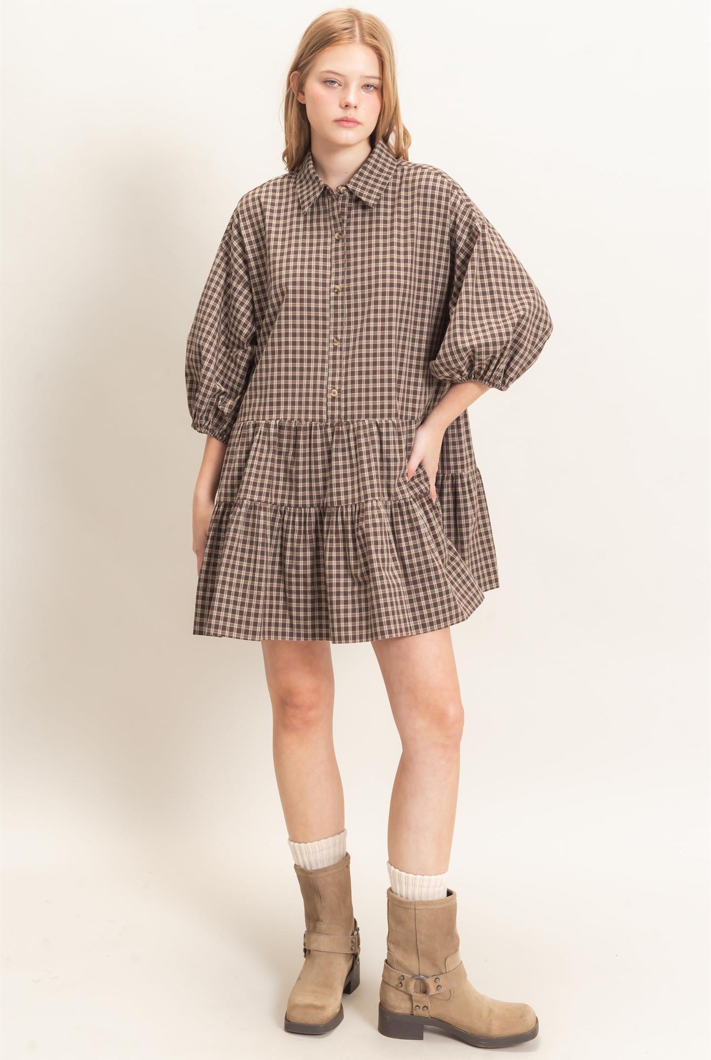 Wholesale Plaid Button-Down Tiered Dress Dresses HF26E795 BROWN HYFVE
