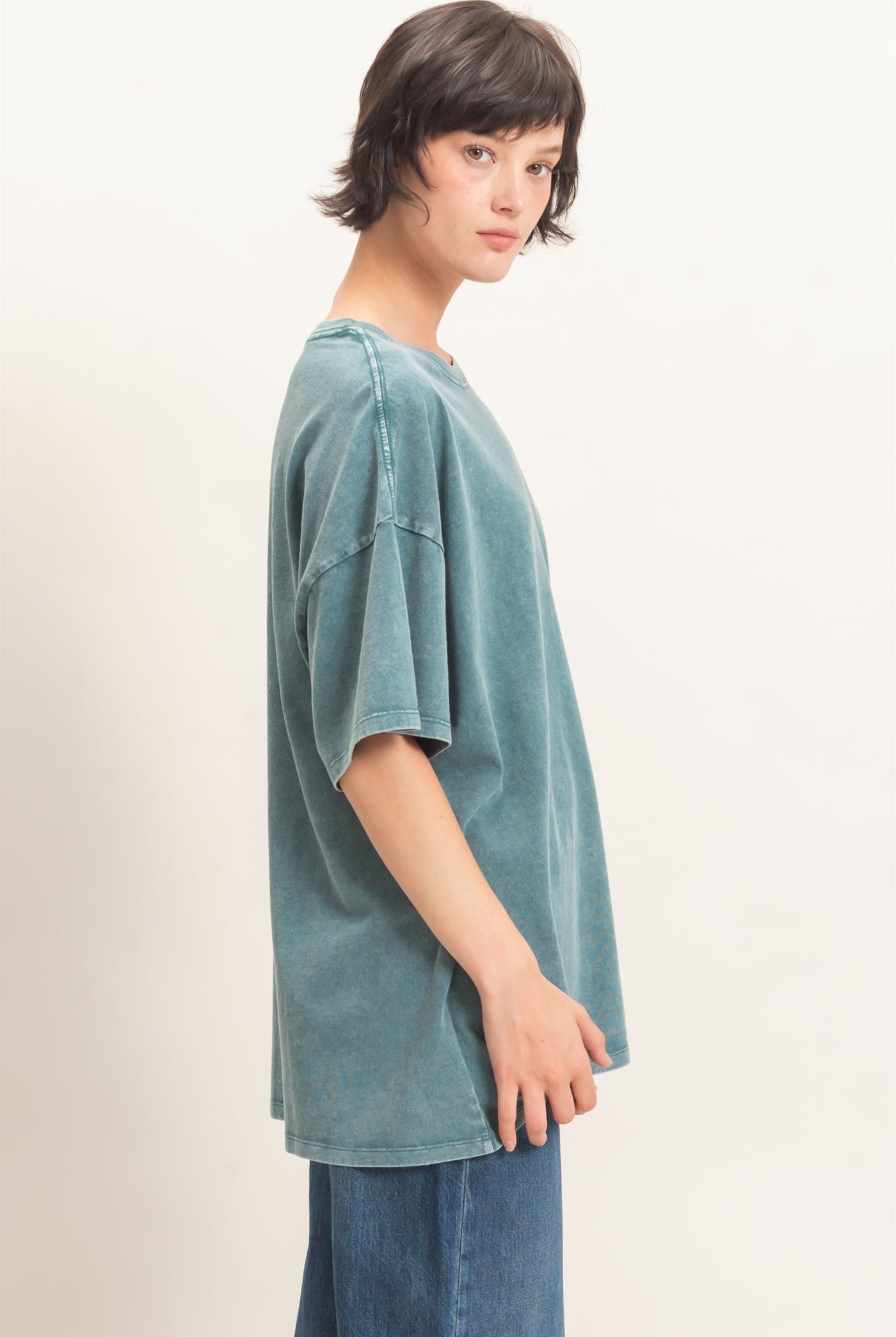 Wholesale Mineral Wash Oversized Crew Neck T-Shirts Clothing Tops DZ26C961 DARK TEAL DOUBLE ZERO