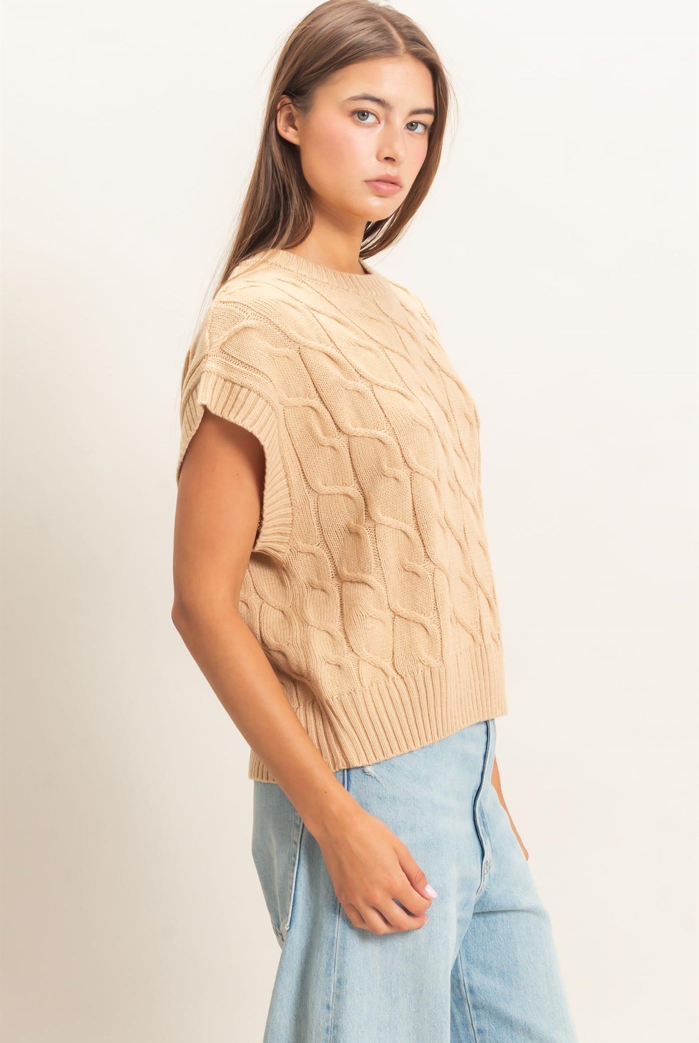 Wholesale Cable Knit Cap Sleeve Sweater Sweaters DZ26C974 TAUPE DOUBLE ZERO