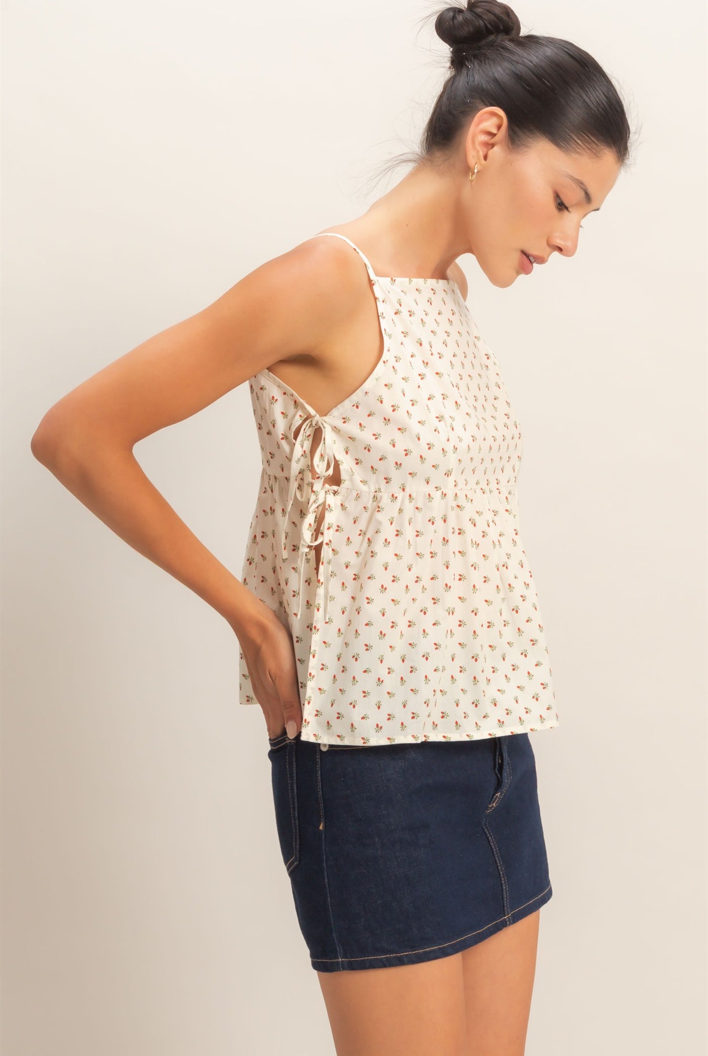 Wholesale Strawberry Print Tie-Side Cami Top Clothing Tops HF26C172 RED HYFVE