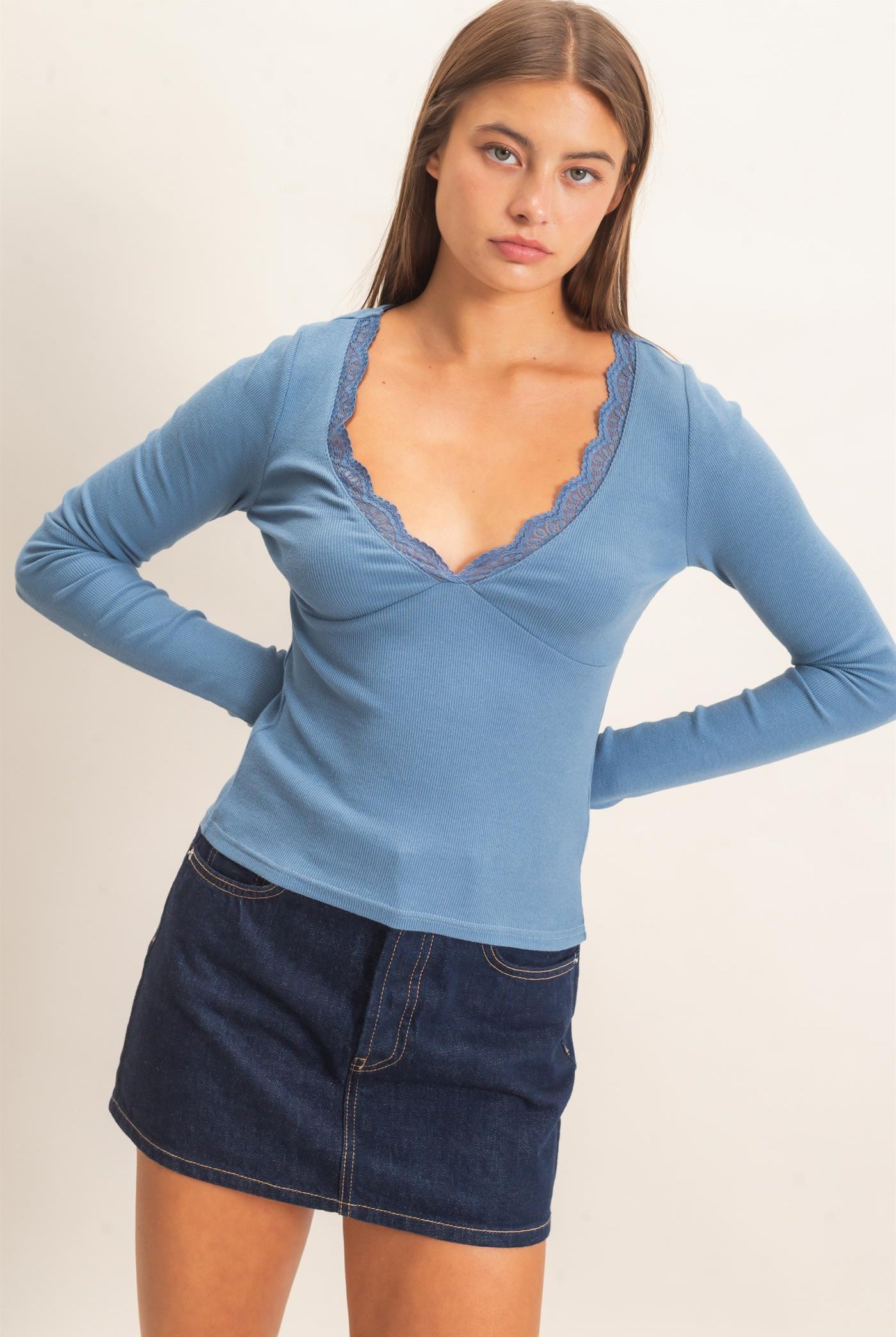 Wholesale Lace Trim V-Neck Top Clothing Tops DZ26E913 DUSTY BLUE DOUBLE ZERO