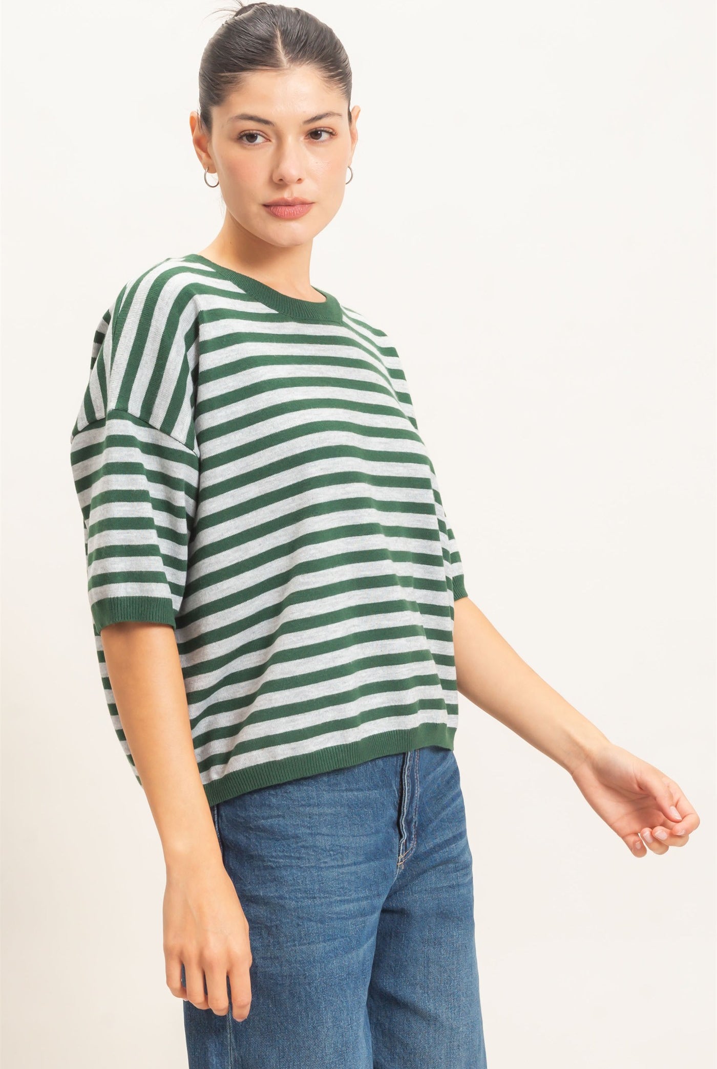 Wholesale Striped Crew Neck Sweater Sweaters HF26E234 HUNTER GREEN HYFVE