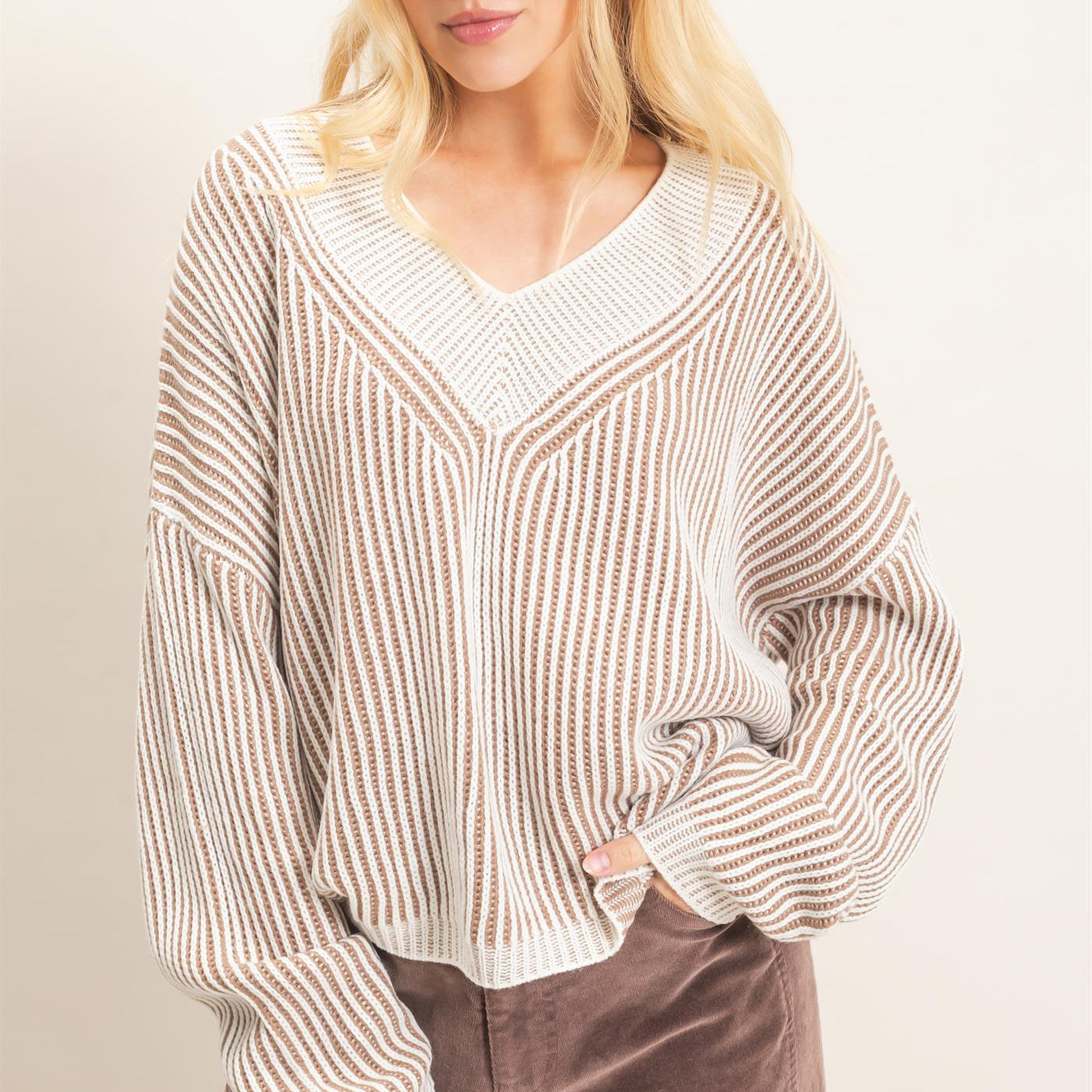 Wholesale Striped V-Neck Ribbed Sweater Sweaters HF26F202 TAUPE HYFVE